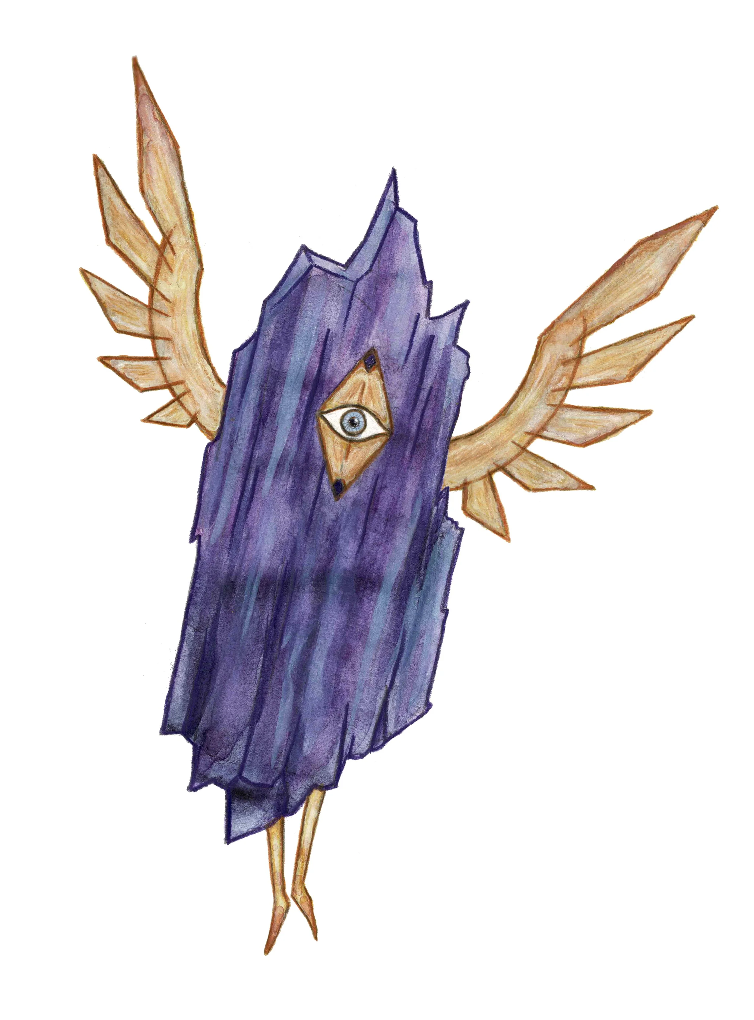 Watercolor painting of a mystical creature with a purple wooden body, an eye in the center, golden wings, and bird-like legs.