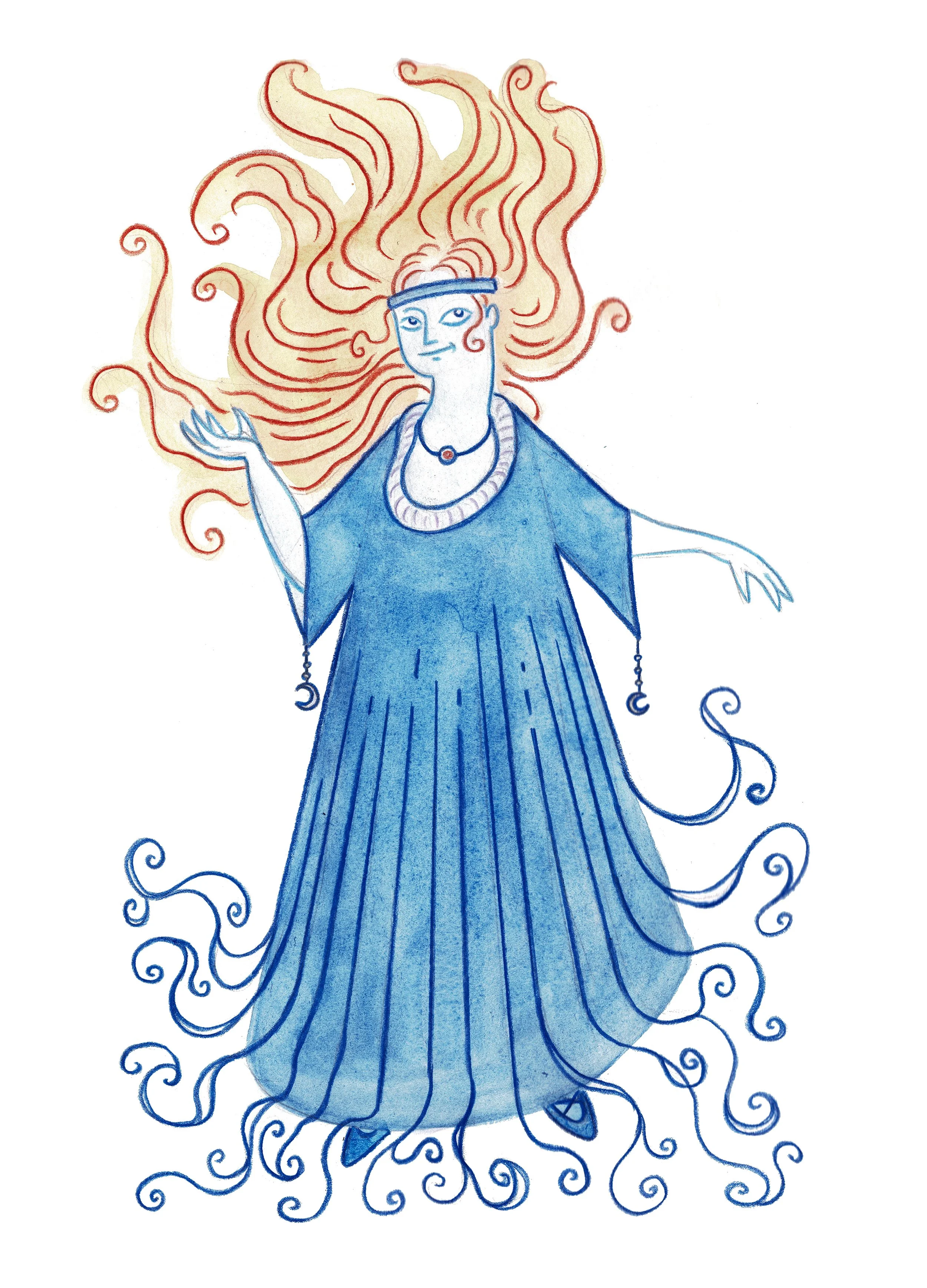 Watercolor illustration of a mystical woman with flowing red hair, dressed in a long blue dress and jewelry, surrounded by swirling tendrils.