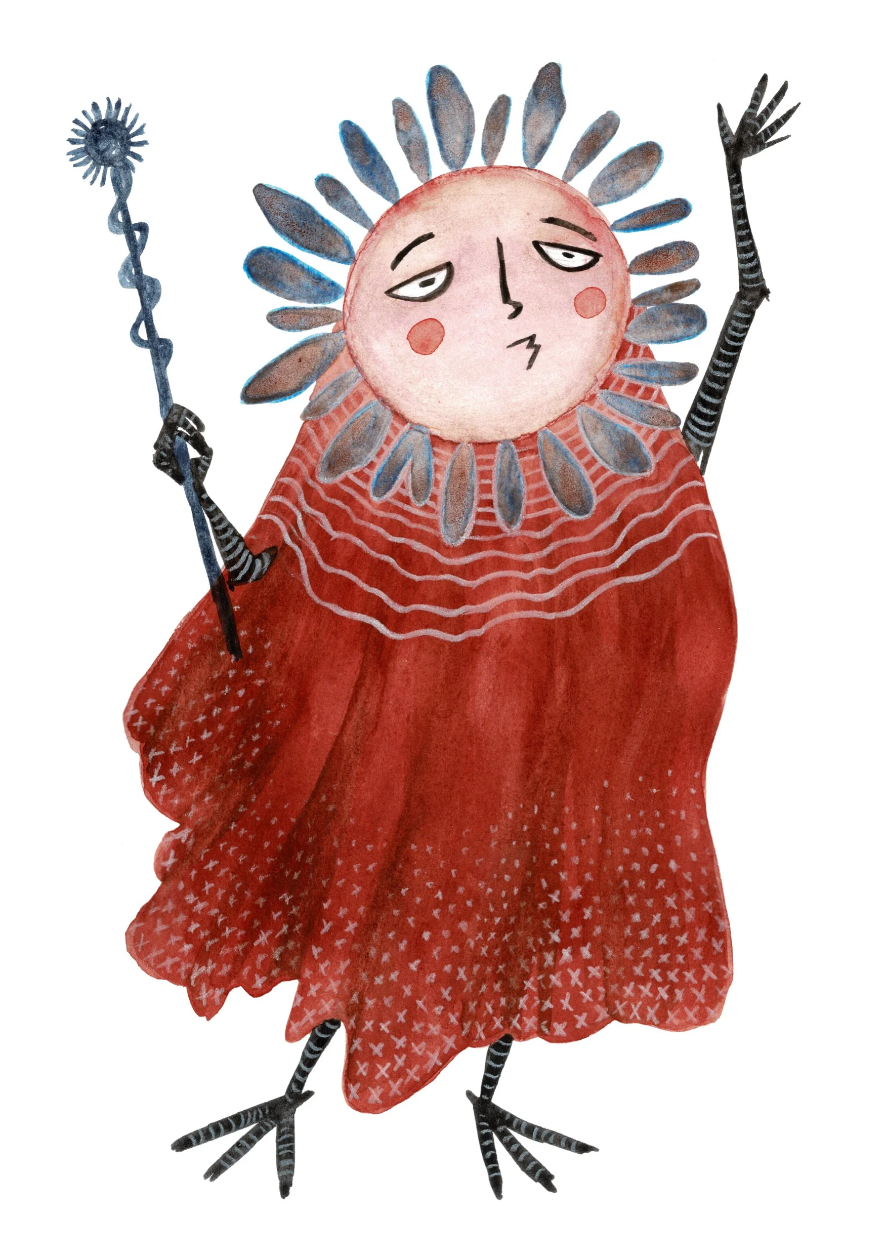 A whimsical illustration of a sun with a human-like face, wearing a red dress with a pattern at the bottom. The sun has a mellow expression, with eyes half-closed and lips pursed. It has radiating sun rays around its face, and it holds a staff with a