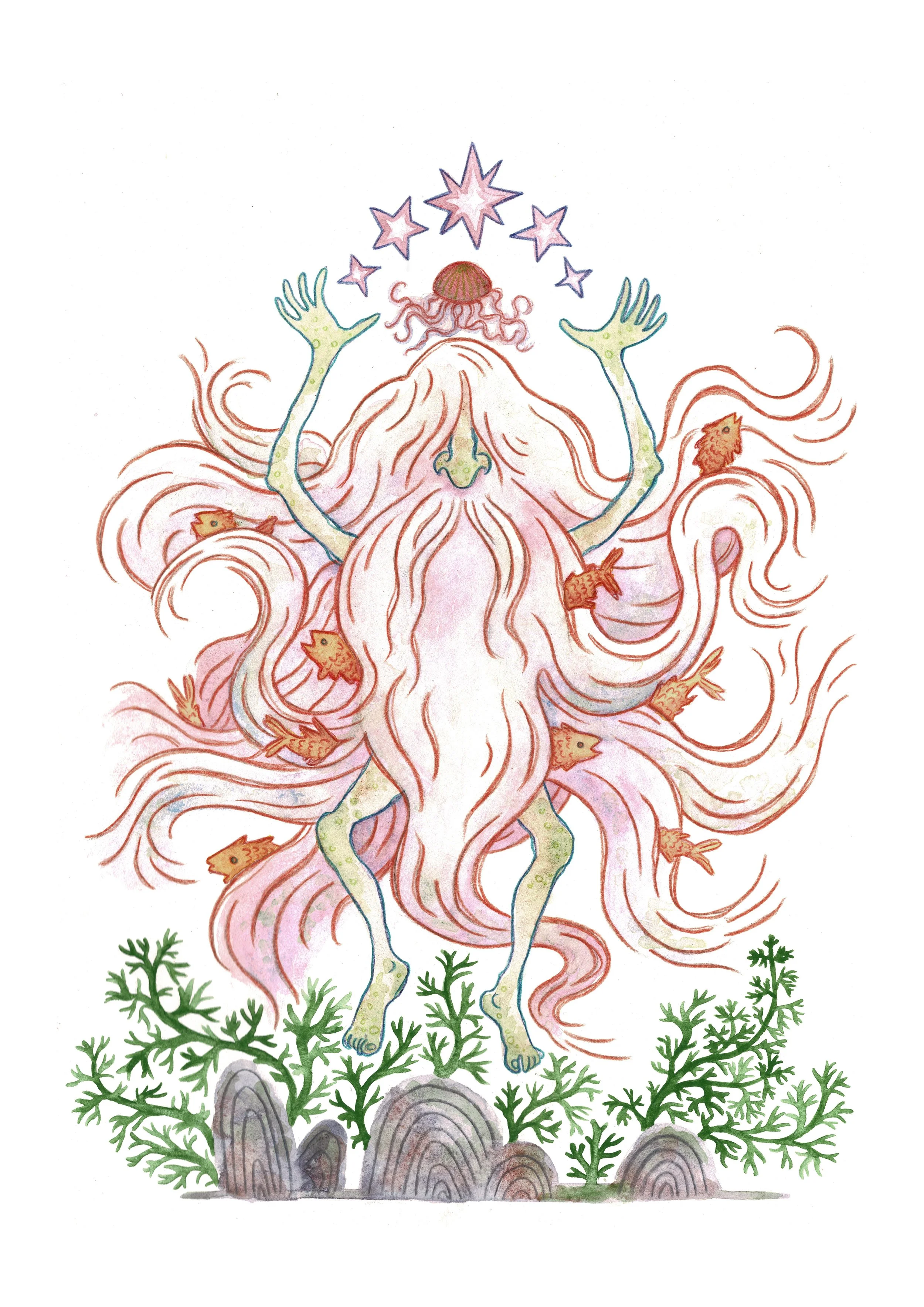 A whimsical illustration of a fantastical creature with a human face, long flowing pink hair that transforms into octopus-like tentacles, adorned with small fish. The creature has multiple arms with hands raised towards a cluster of stars and a jelly