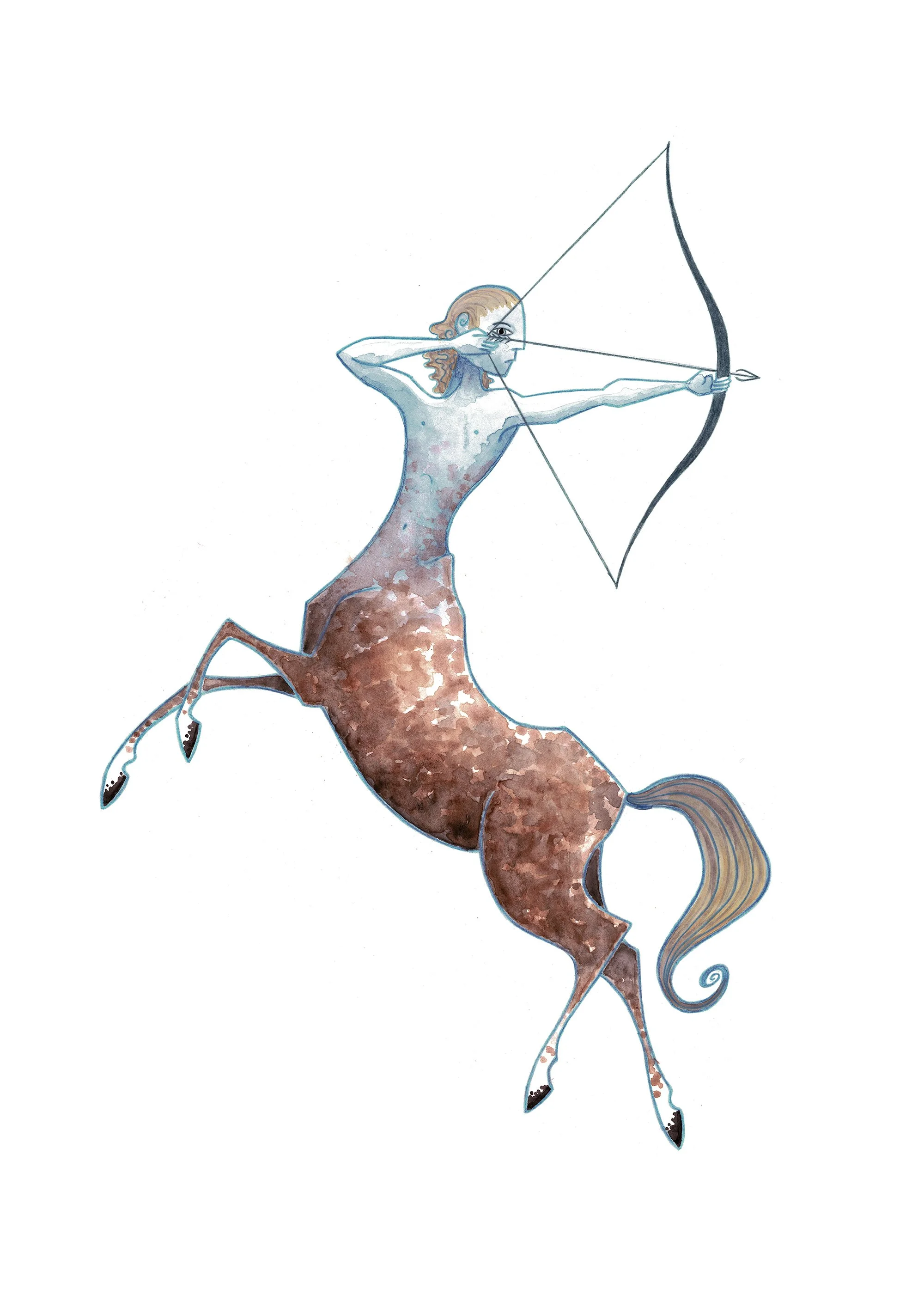 An artistic illustration of a centaur with the upper body of a woman and the lower body of a horse, drawing a bow and aiming an arrow.
