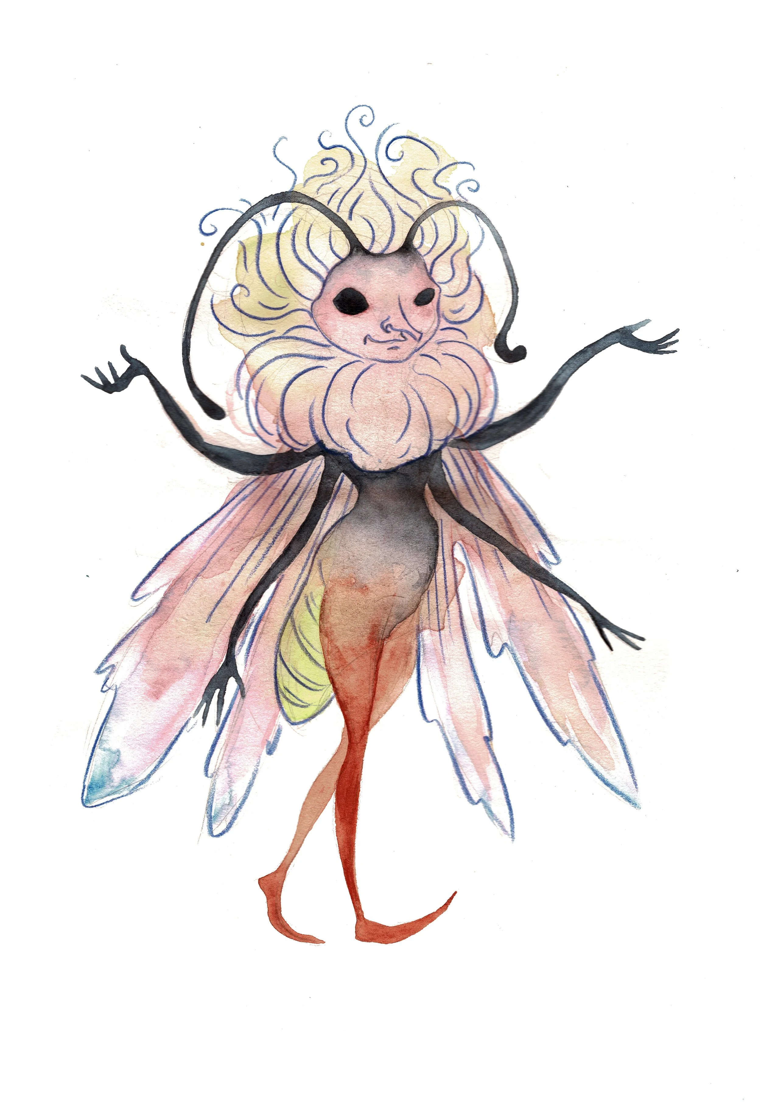 Watercolor illustration of a fantastical insect with a human-like face, curly hair, and colorful wings.