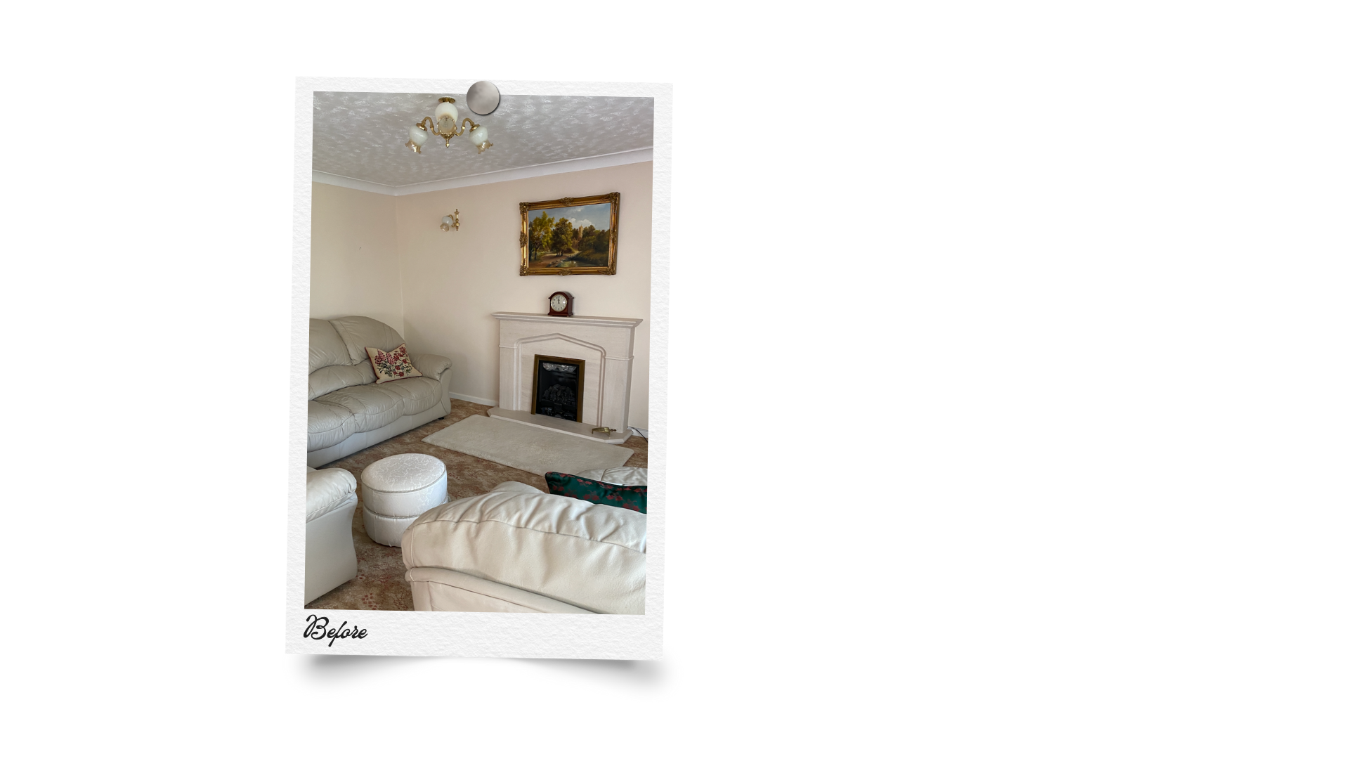 Living room with beige leather sofa, white fireplace, framed painting above the fireplace, chandelier on the ceiling, and a patterned carpet.