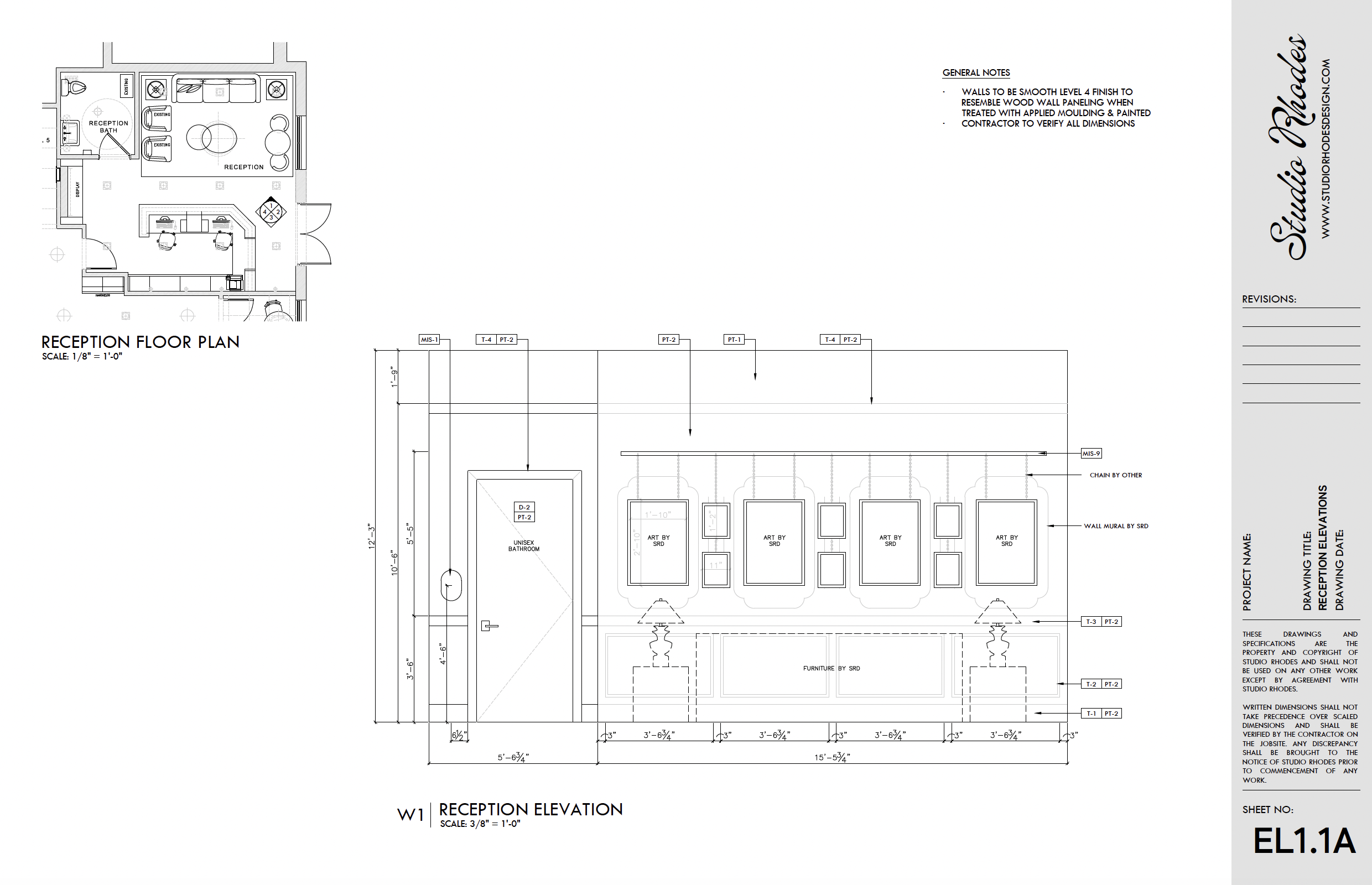 Architectural blueprint showing a reception area and elevation view, detailing wall finishes, artwork, furniture, and measurements.