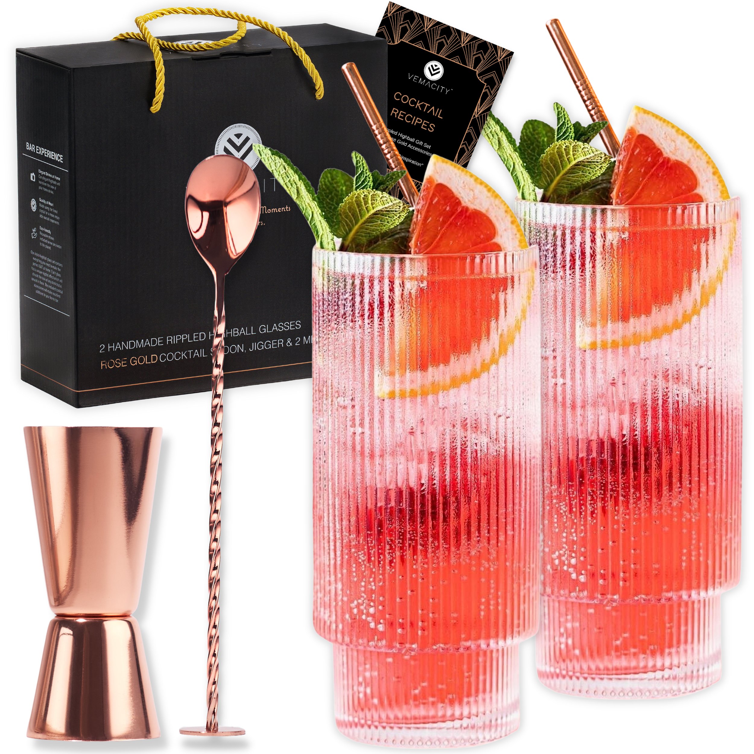 Gin Glasses for Gin Lovers Set of 2 Handmade G&T Glasses 700ml Rose Gold  Pro Cocktail Spoon and Jigger Gift Boxed 