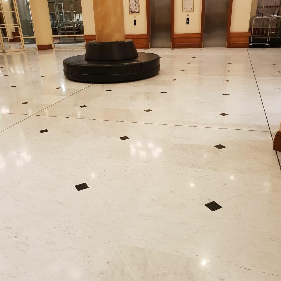 Hotel lobby floor, polished floors look brighter and cleaner further enhancing the space.