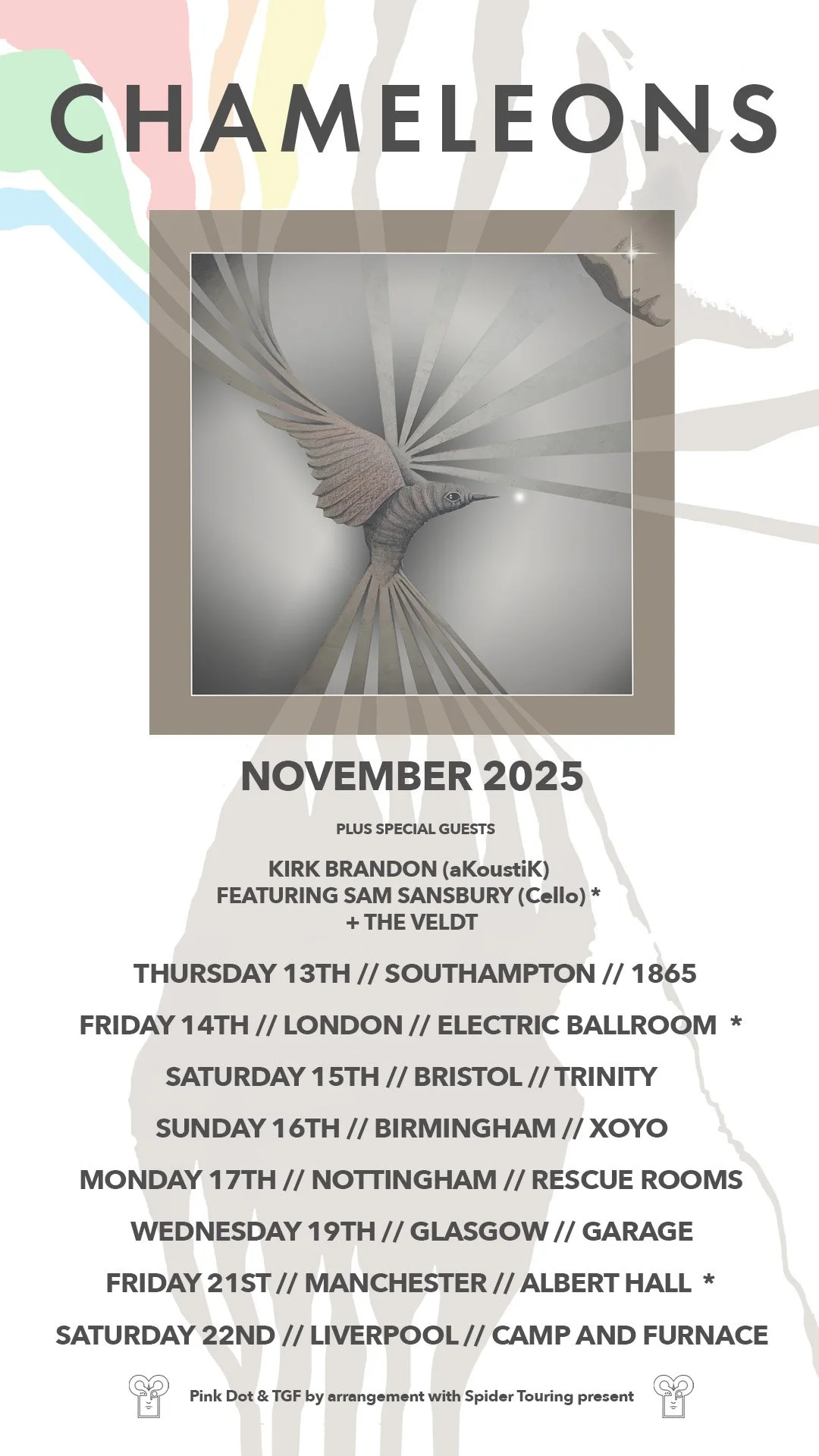 Tour poster for Chameleons concert tour in November 2025, listing dates and locations across the UK, including Southampton, London, Bristol, Birmingham, Nottingham, Glasgow, Manchester, and Liverpool. Features artistic image of a flying bird with ray