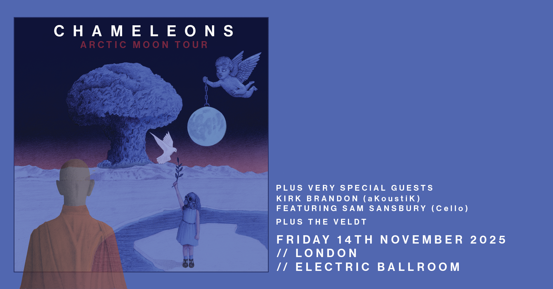 Event poster for Chameleons Arctic Moon Tour 2025, featuring a surreal illustration with a large tree, a flying winged cherub holding the moon, a white dove, and a girl with long hair standing on a snowy landscape, with a bald man in an orange robe i