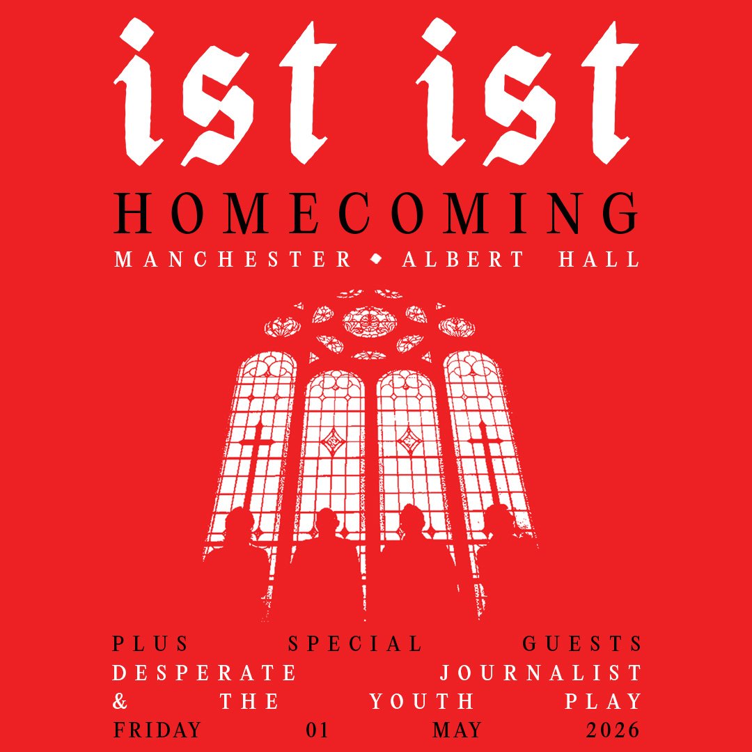 Red poster for IST Homecoming at Manchester Albert Hall, featuring a stained glass window and silhouettes of four people, with details about the event including date and guests.