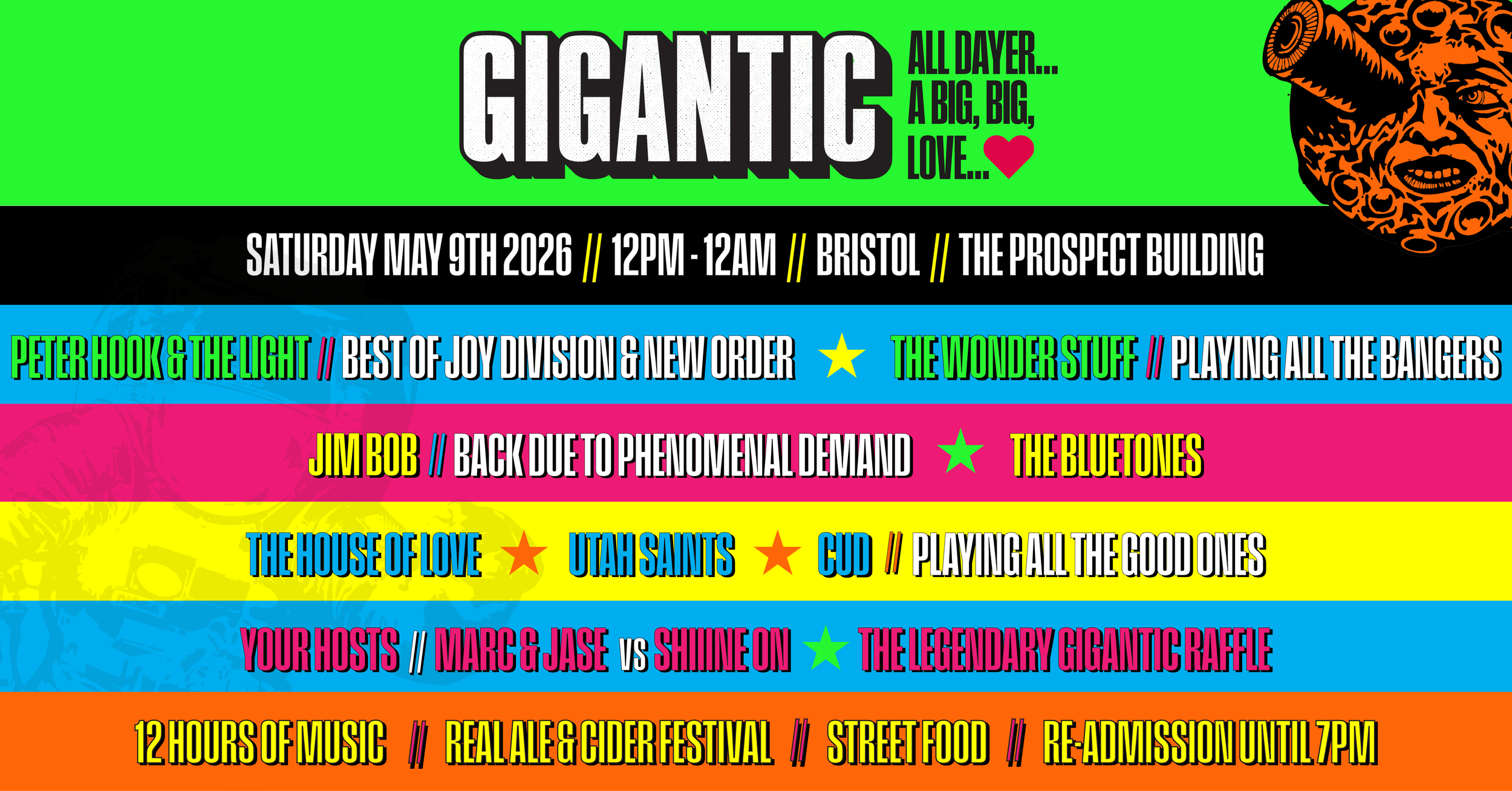 A colorful event poster for Gigantic, a music festival in Bristol on Saturday, May 9th, 2026, from 12 PM to 12 AM at The Prospect Building. The poster features various artists and activities, including performances by Peter Hook & The Light, Joy Divi