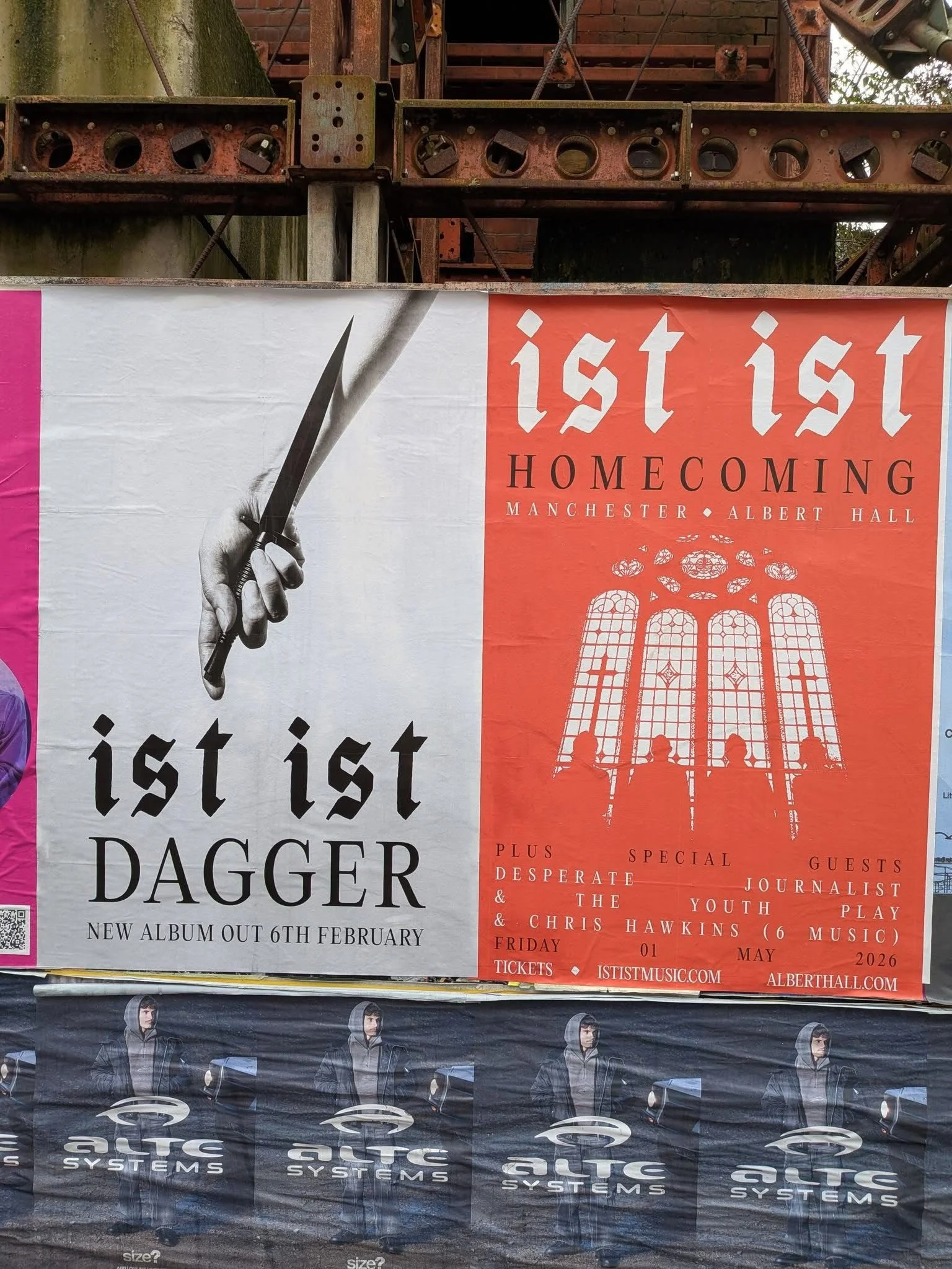 A promotional poster advertising performances at Manchester's Albert Hall, featuring a black and white illustration of a hand holding a dagger and a red section with silhouettes of the hall's interior, text about a band and event details.