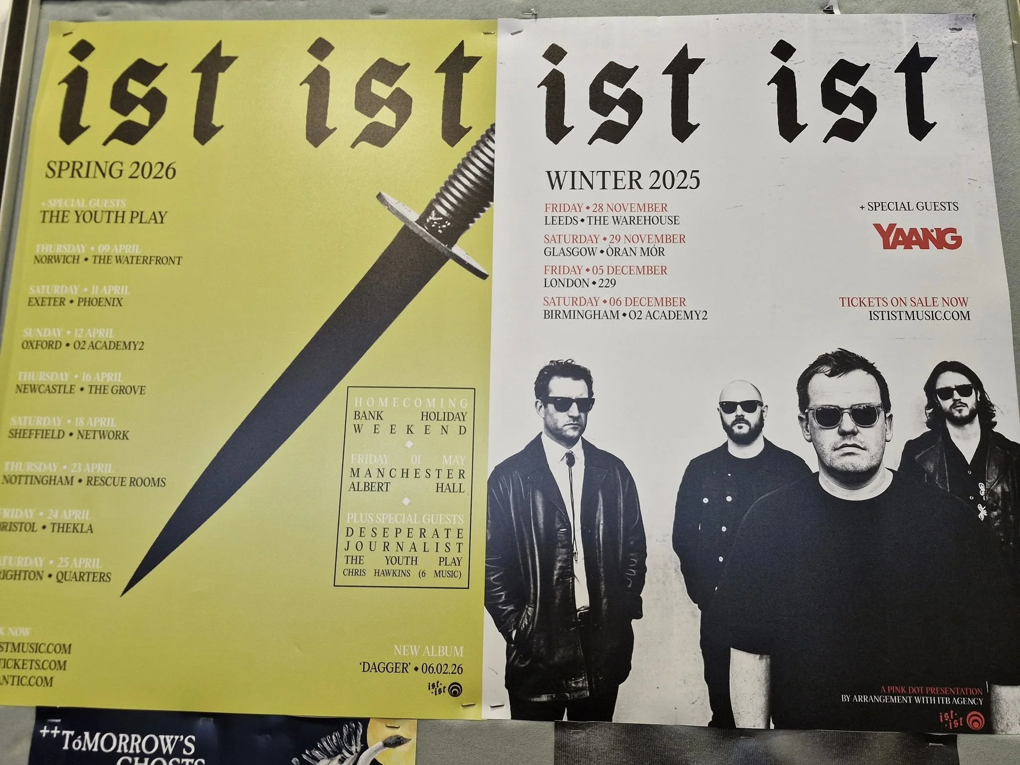 Two posters for music concerts. The left poster is yellow with black text and features a large illustration of a sword. It lists upcoming concerts for spring 2026, including dates and venues. The right poster is black and white, promoting a band call