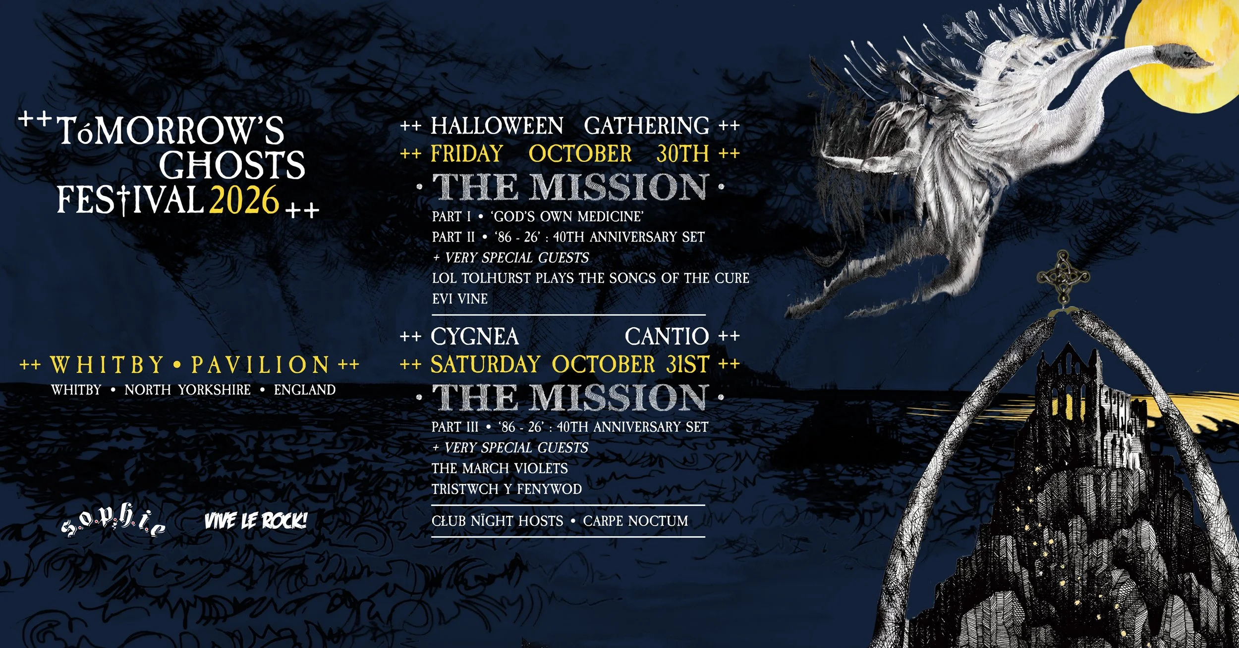 Event poster for ToMORROW'S GHOSTS FESTIVAL 2026 featuring Halloween gathering on October 30th at The Mission, Whitby Pavilion, North Yorkshire, England, with details of performances and guest bands.