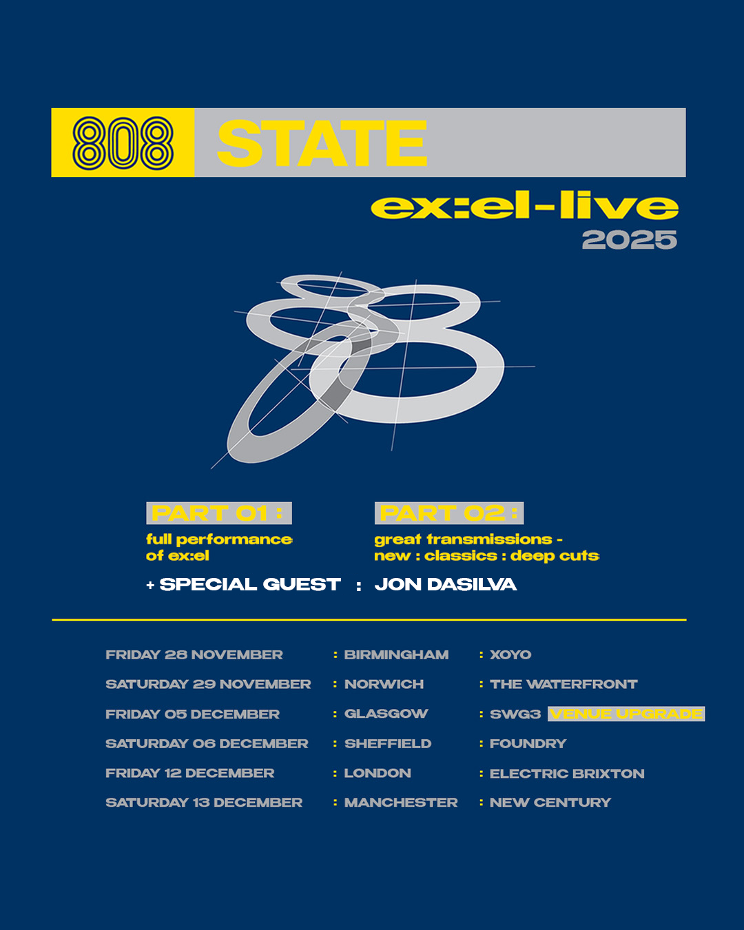 Music concert poster for excel-live 2025 featuring part one on full performance and part two on great transmissions, with guest Jon Dasilva. Schedule includes dates and locations from November to December in Birmingham, Norwich, Glasgow, Sheffield, L