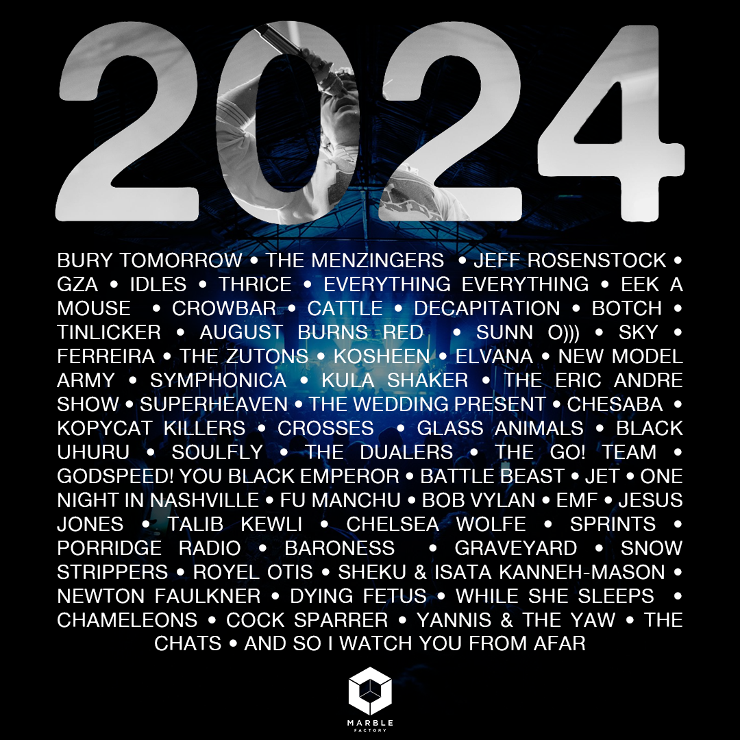 The image features the year "2024" with a black and white photo of a person in the background, holding a camera. Below the year, there is a list of various music bands and artists, with some names highlighted in blue, and a small logo at the bottom l