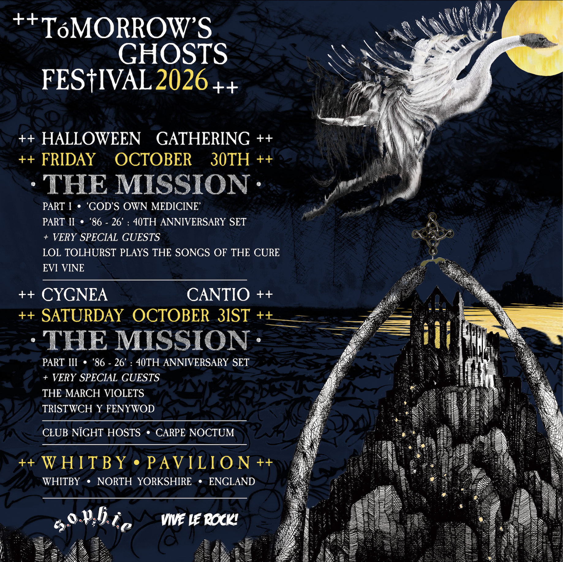 Event poster for Tomorrow's Ghosts Festival 2026, featuring a dark blue background with a white heron flying in front of a yellow moon, a gothic building, and decorative elements. The poster lists dates and acts for Halloween gathering on October 30t