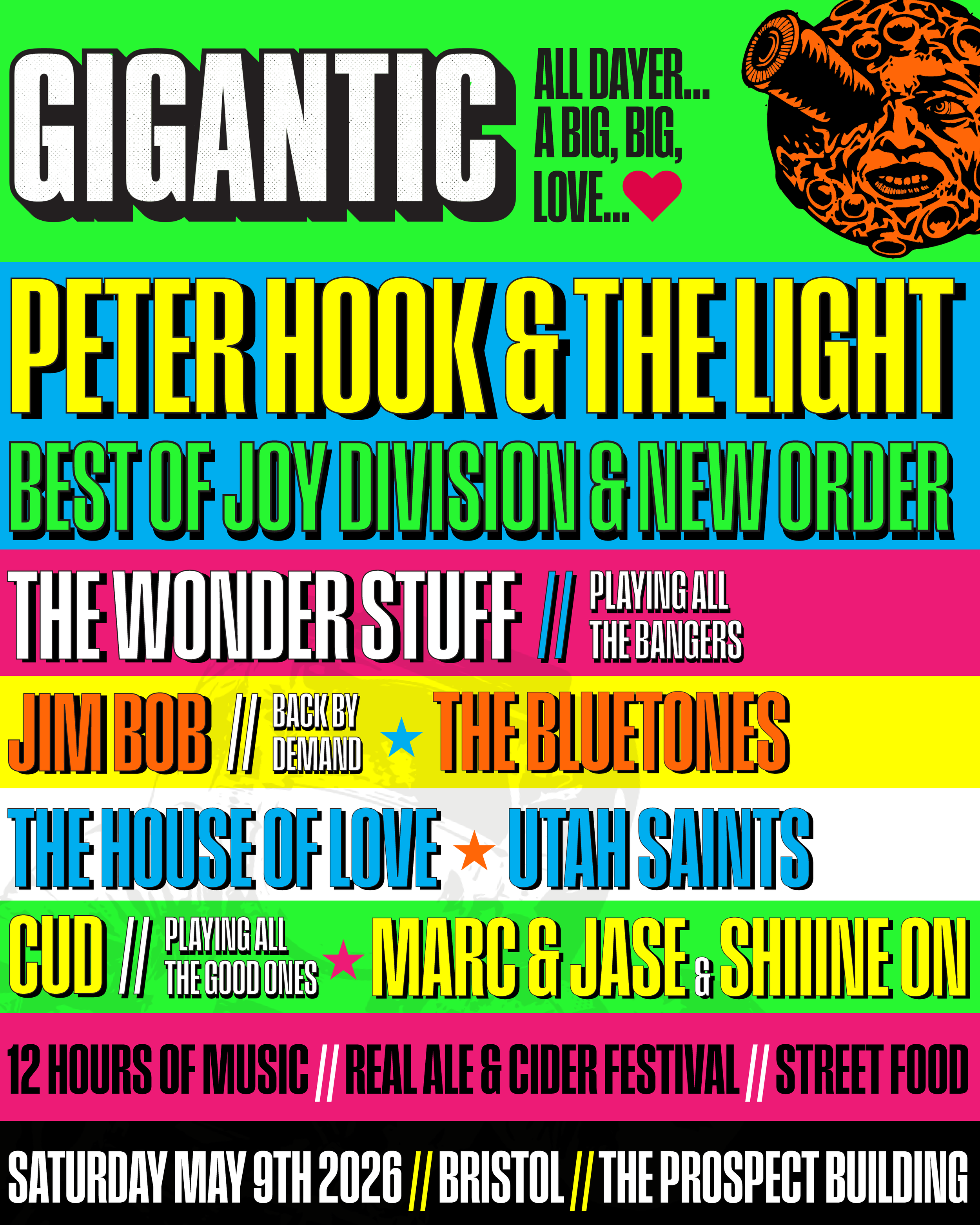 Colorful event poster with bands, festival activities, date, and location details for a music and street food festival in Bristol on May 9th, 2026.
