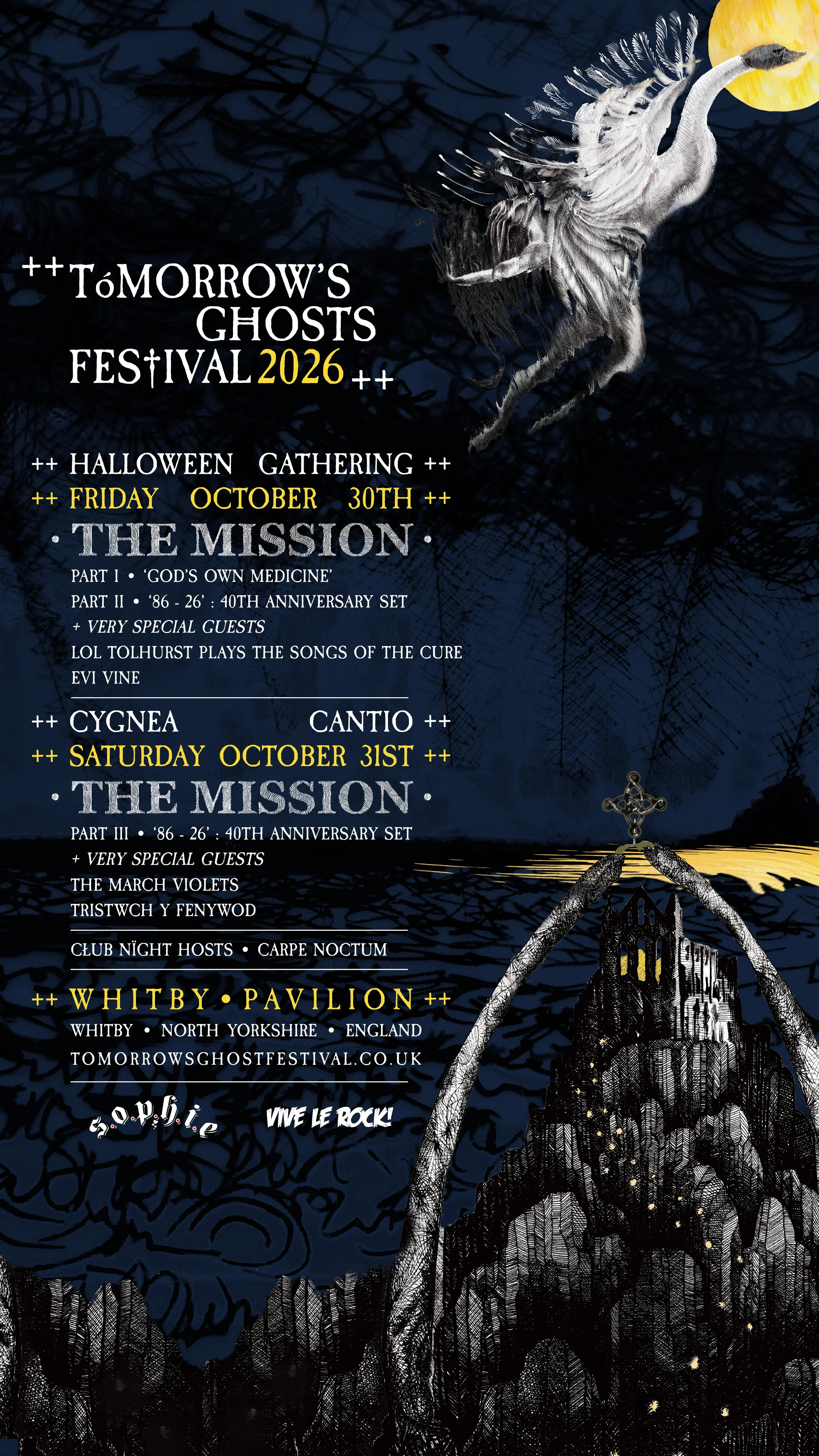 Poster for the 2026 Tomorrow's Ghosts Festival, featuring a dark background with abstract tree branches, a flying white bird with black tail feathers near a yellow moon, an art illustration of a castle with an archway, and event details for Halloween