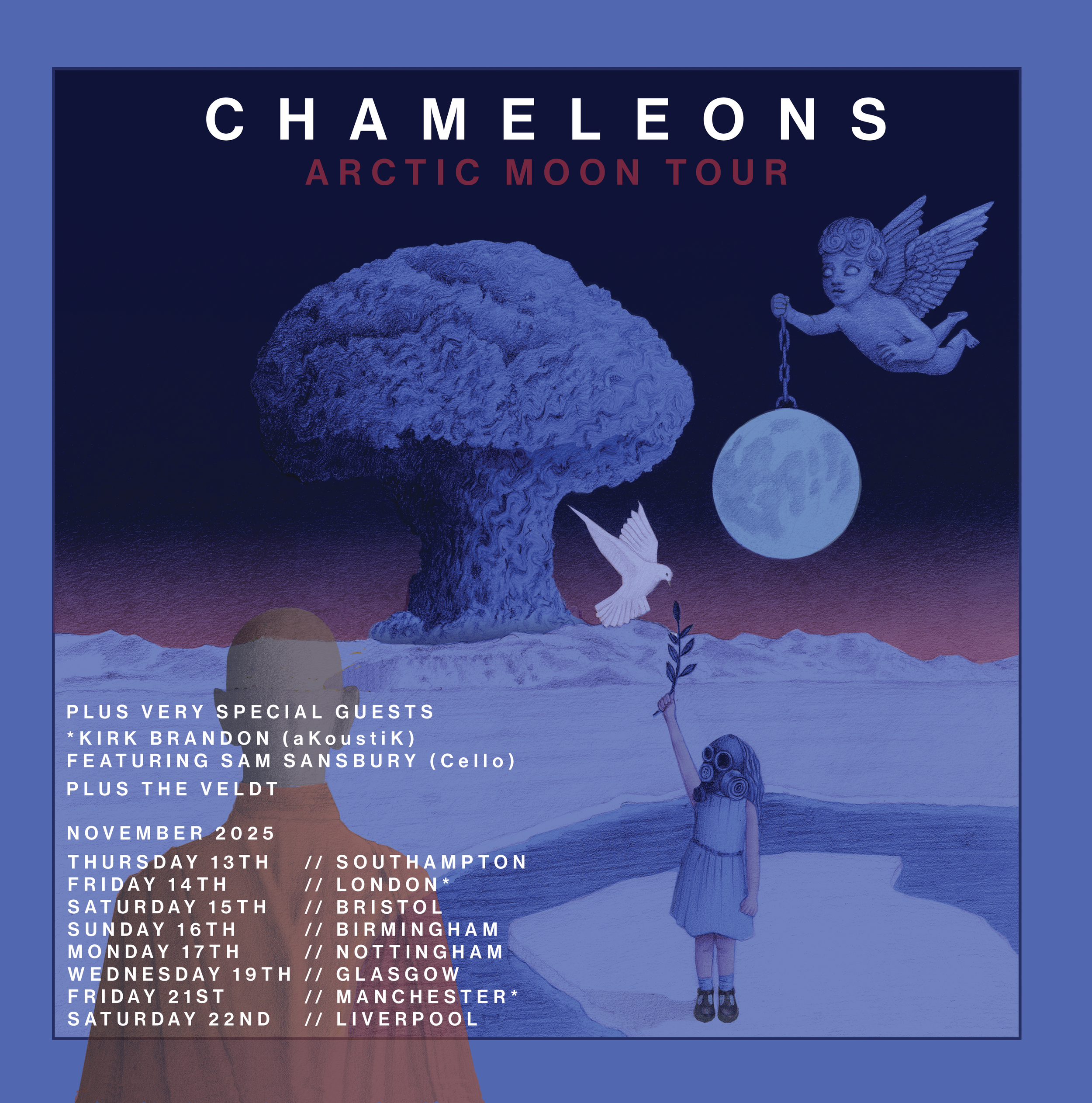Tour poster for Chameleons Arctic Moon Tour, featuring surreal artwork of a girl in a dress with curly hair holding a plant and pointing towards a flying cherub holding a moon pendant, large tree and a white bird in a snowy landscape under a full moo