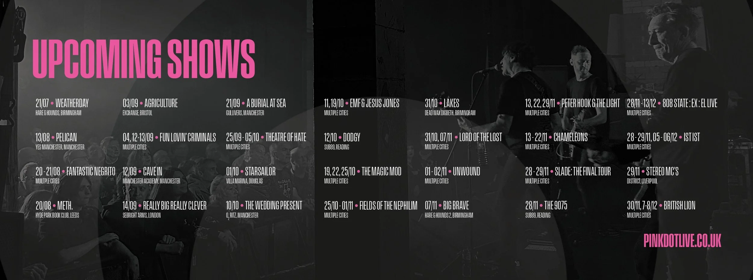List of upcoming music shows and events with dates, locations, and band names, displayed over a dark background with an image of people performing or attending at a concert.