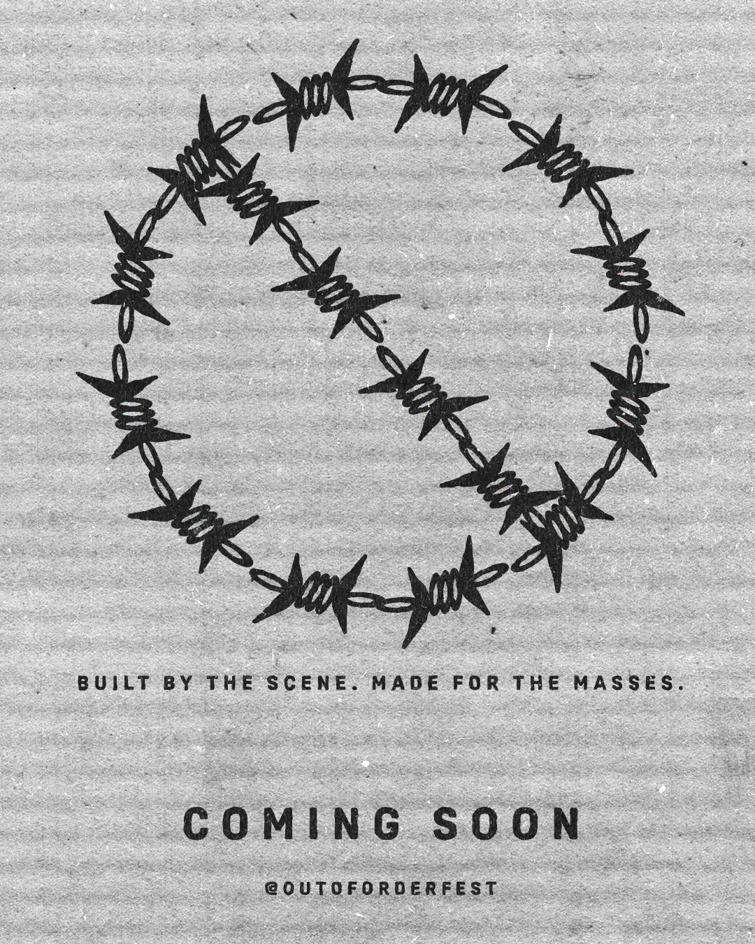 A circular barbed wire logo with text below it reading 'Built by the scene. Made for the masses.' and 'Coming Soon.'