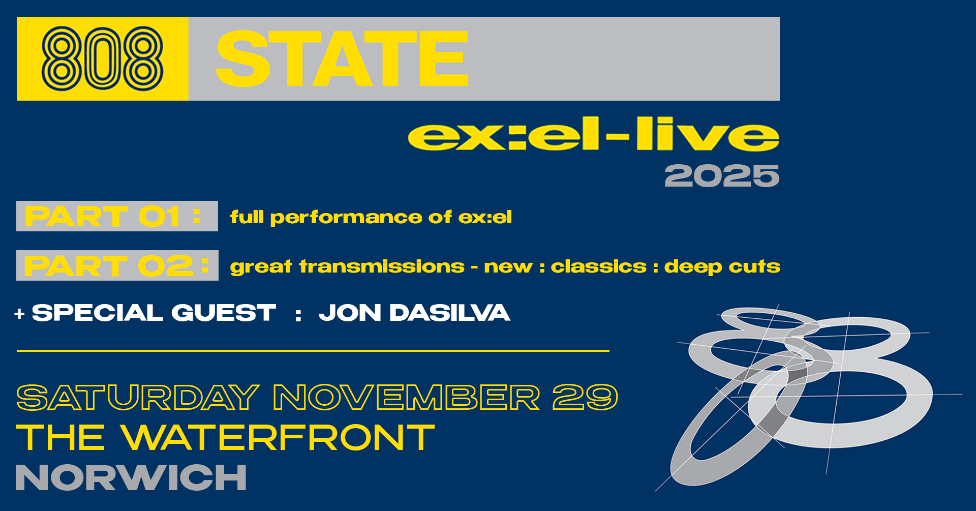 Event poster for 'Excel-Live 2025' with yellow, gray, and navy blue colors. It features the number 808 with concentric circles, the words 'State' and 'Excel-Live 2025'. Highlights include 'Part 01: full performance of ex:el', 'Part 02: great transmis