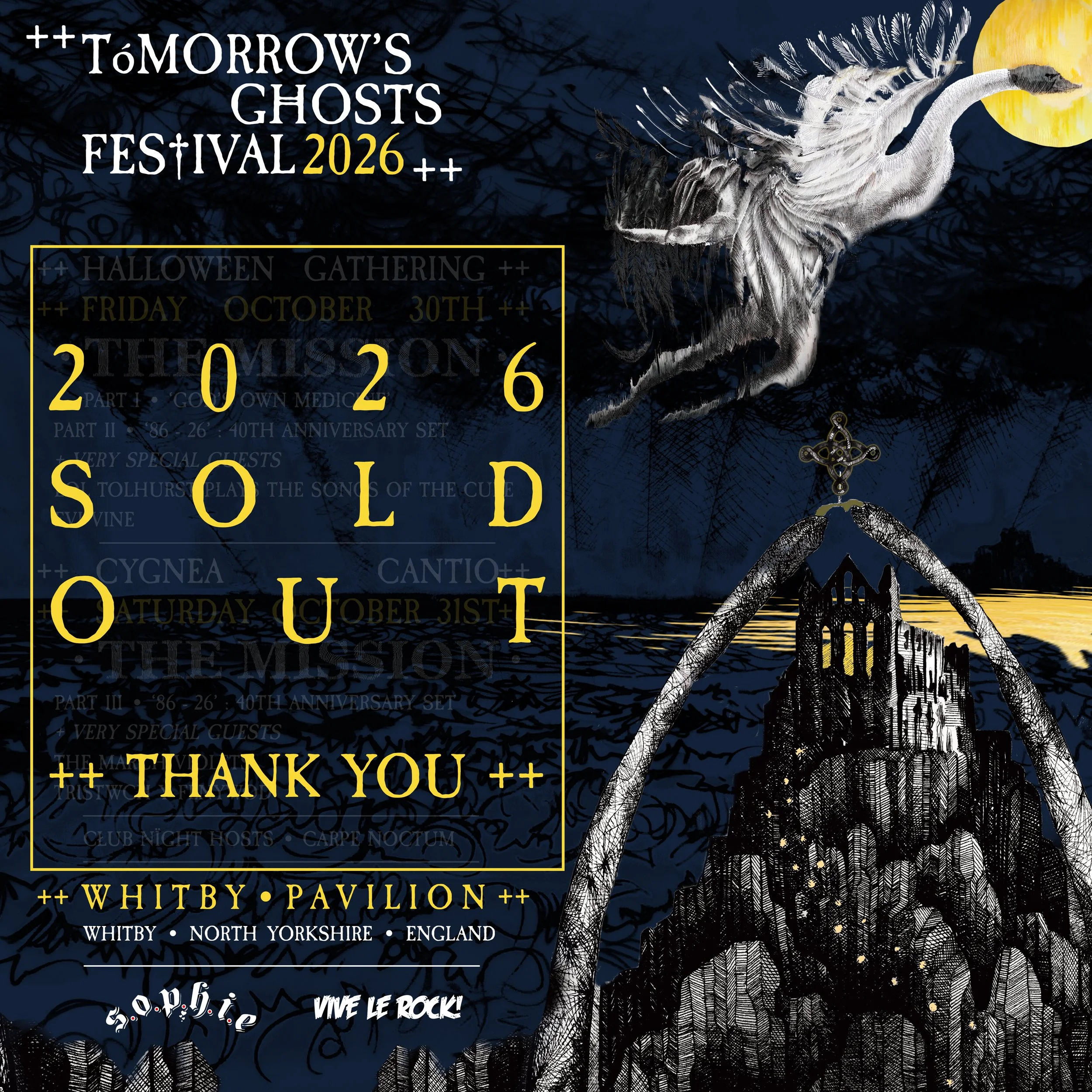 A promotional poster for the 2026 Morrow's Ghosts Festival in Whitby, North Yorkshire, England. The poster features a ghostly white heron and gothic architecture against a dark night background with a full moon. The event is scheduled for Saturday, O