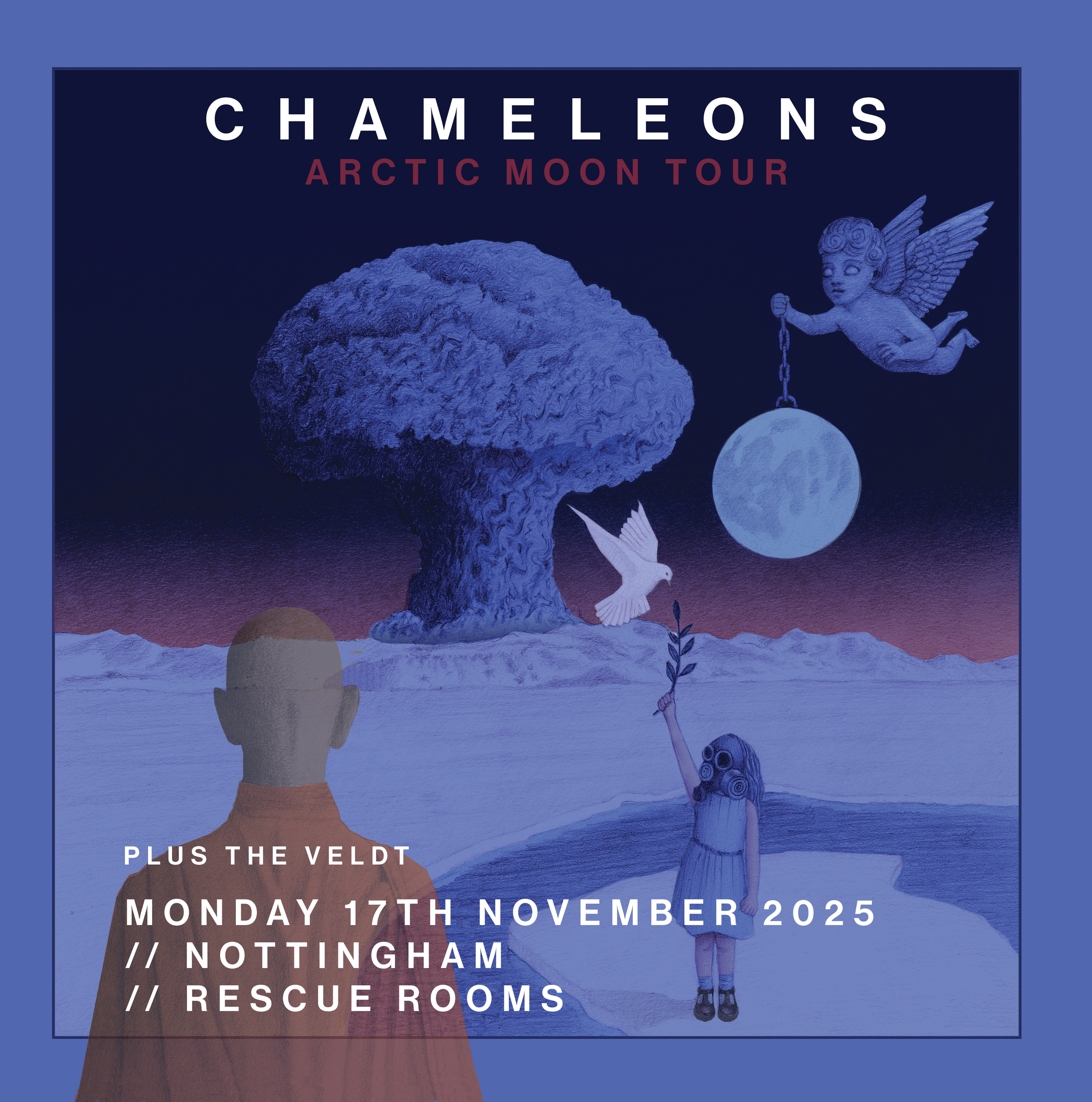 Promotional poster for Chimera's Arctic Moon Tour 2025 featuring surreal artwork of a large mushroom cloud, a flying cherub holding a moon, a girl holding a branch, and a person with a shaved head, set against a snowy mountain landscape with text det