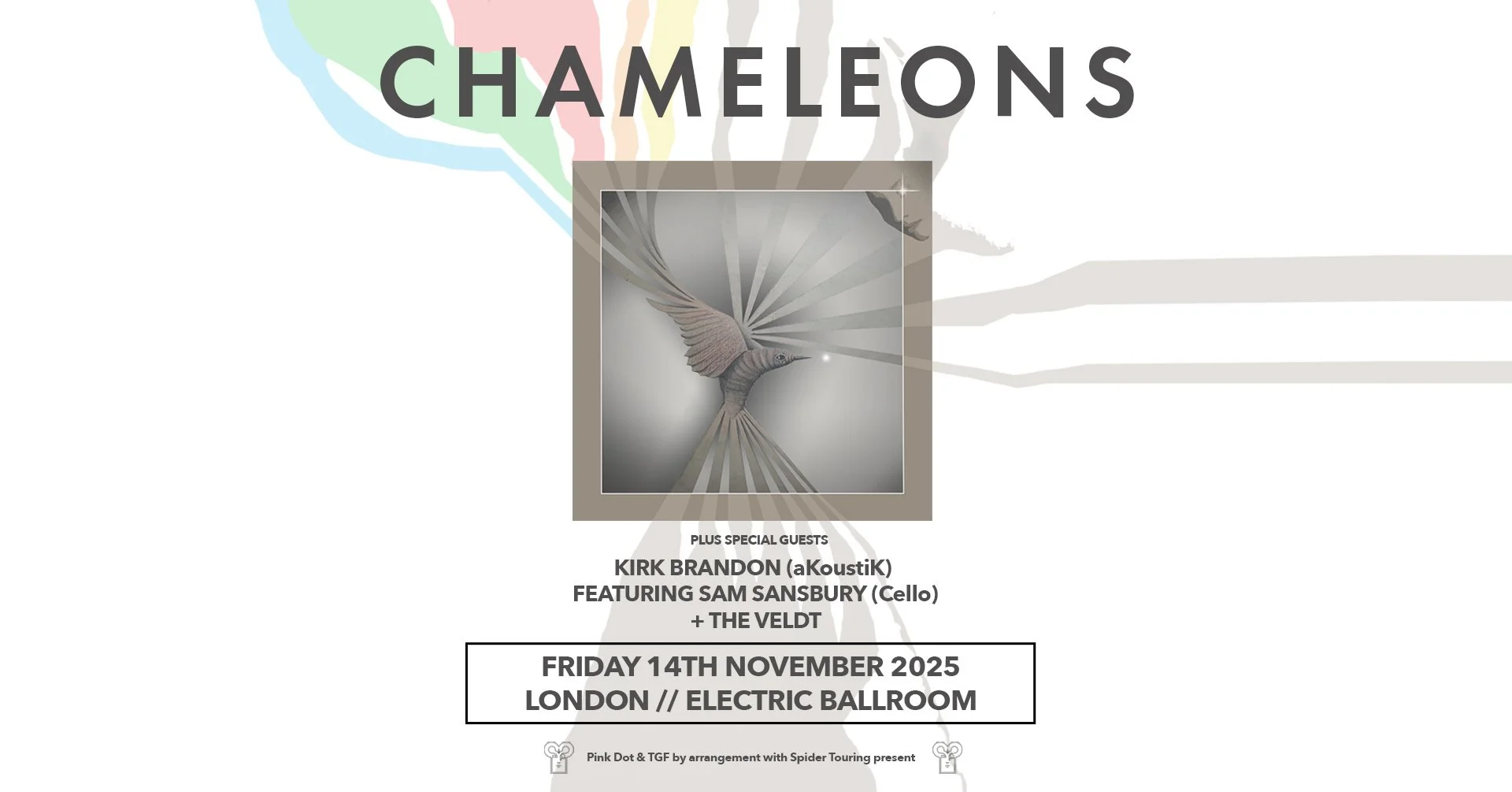 Concert poster for a show called 'Chameleons' in London at the Electric Ballroom on Friday, November 14, 2025, featuring special guests Kirk Brandon and Sam Sansbury with The Veldt, with a central image of a stylized hummingbird with extended wings.