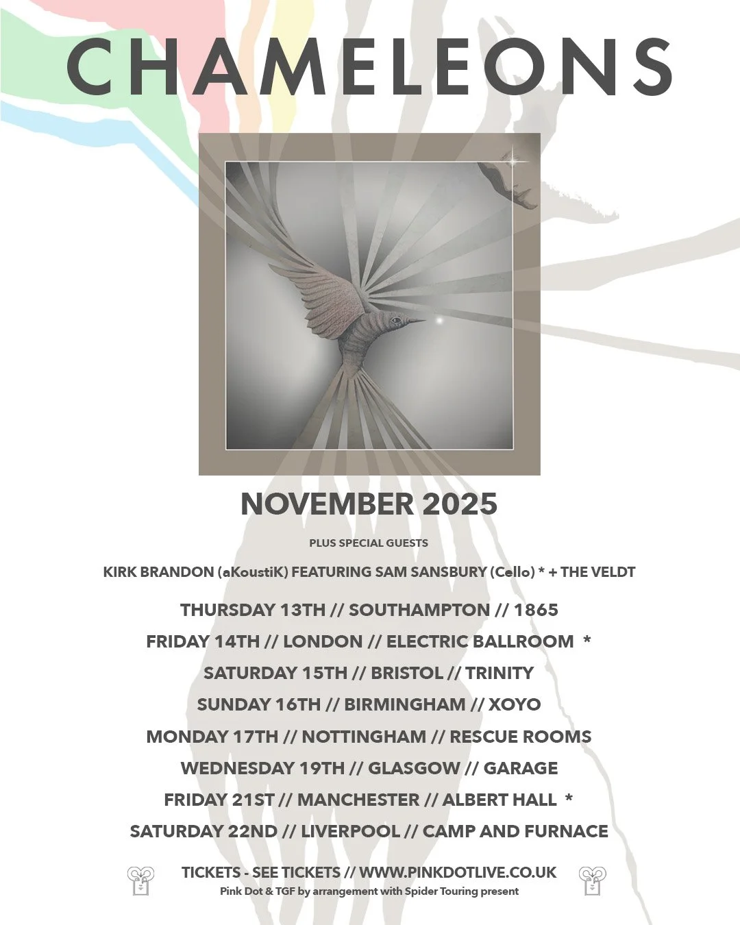 Tour poster for Chameleons concert series in November 2025 featuring a bird with outstretched wings and rays of light, with tour dates and locations listed from Southampton to Liverpool.
