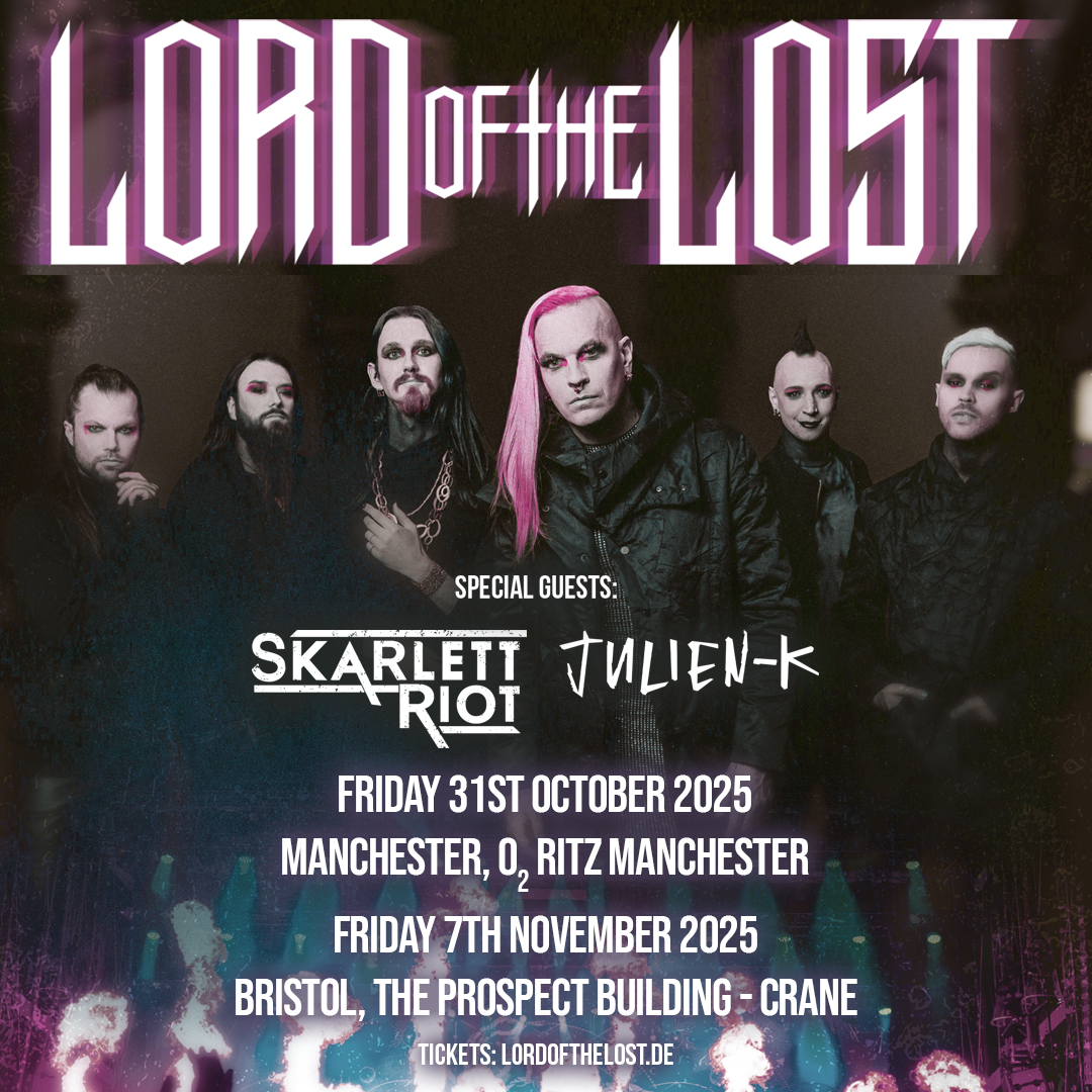 Event poster for a band called 'LORD of the LOST' with special guests 'SKARLETT RIOT' and 'JULIEN-K'. The poster features a photo of the band members with dramatic makeup and hairstyles, with concert dates: October 31, 2025, in Manchester at the O2 R