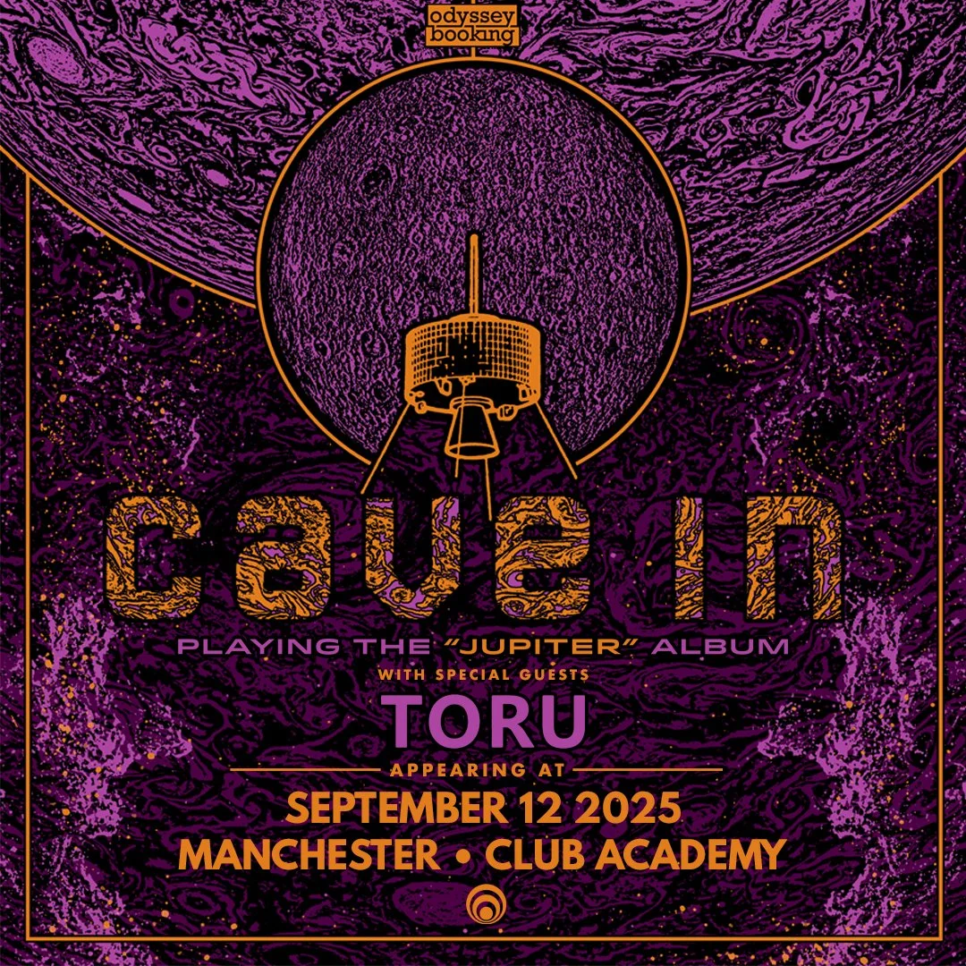 Event poster for a concert by Owen with special guest Toru on September 12, 2025, at Manchester Club Academy featuring a stylized illustration of a spacecraft with cosmic background in purple, orange, and black colors.