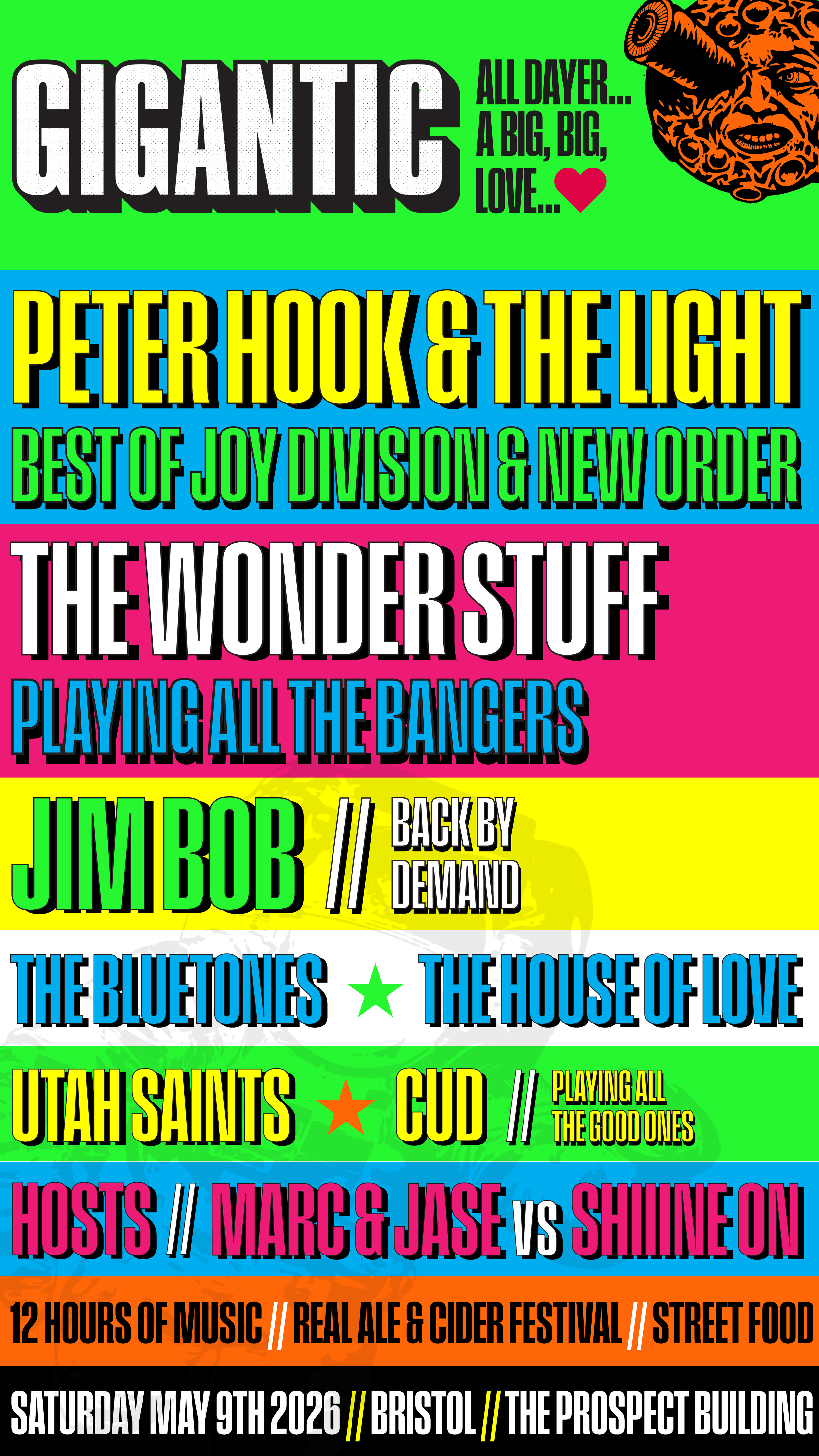 Colorful event poster with multiple bands and activities at The Prospect Building on Saturday, May 9th, 2026 in Bristol, featuring bands like Gigantic, Peter Hook & The Light, The Wonder Stuff, Jim Bob, The Bluetones, Utah Saints, and hosts Marc & Ja