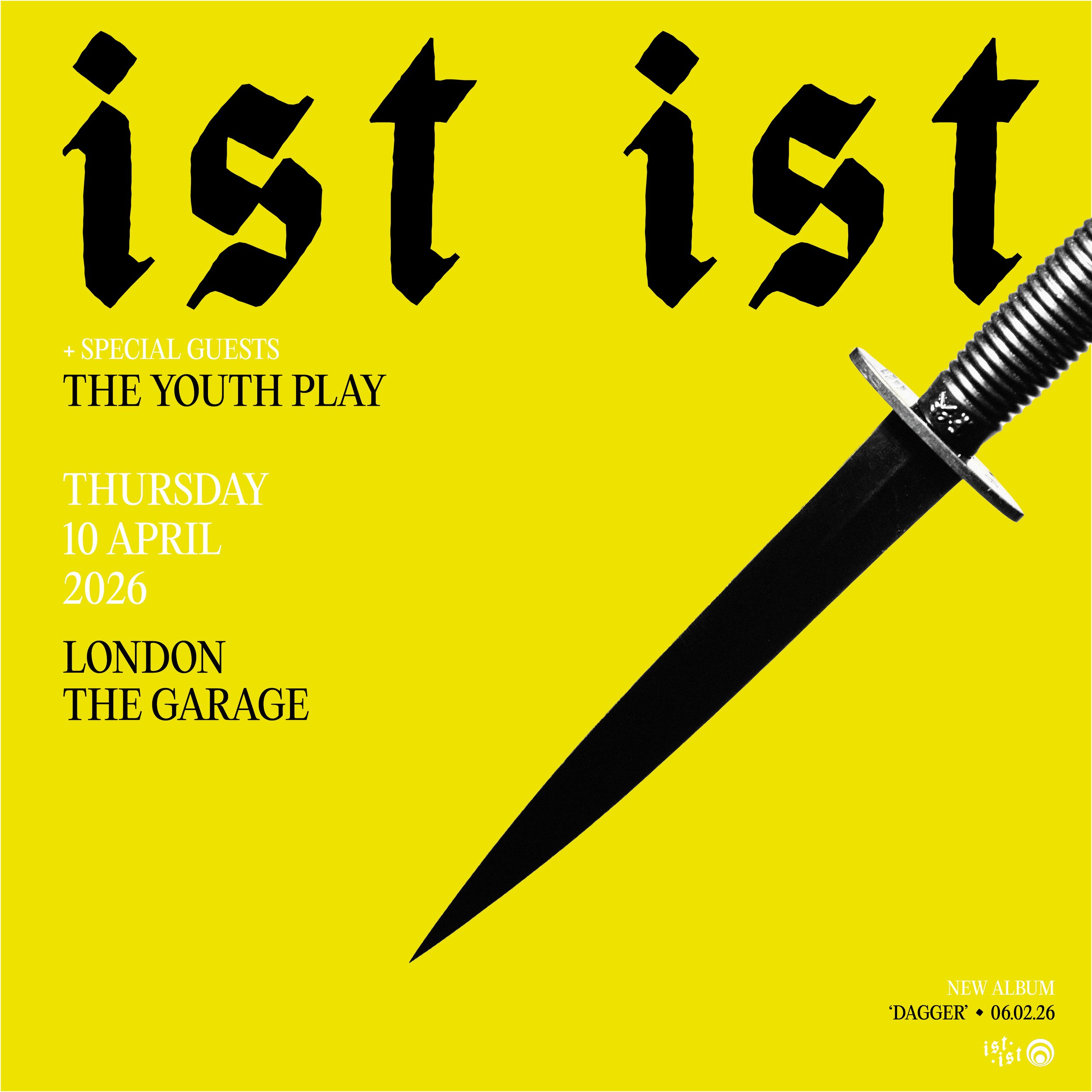 Concert poster with a yellow background, featuring the word 'list' in large, stylized black gothic font at the top. A large black dagger pointed downward is in the lower right corner. Text details include special guests, band name, date, and venue in