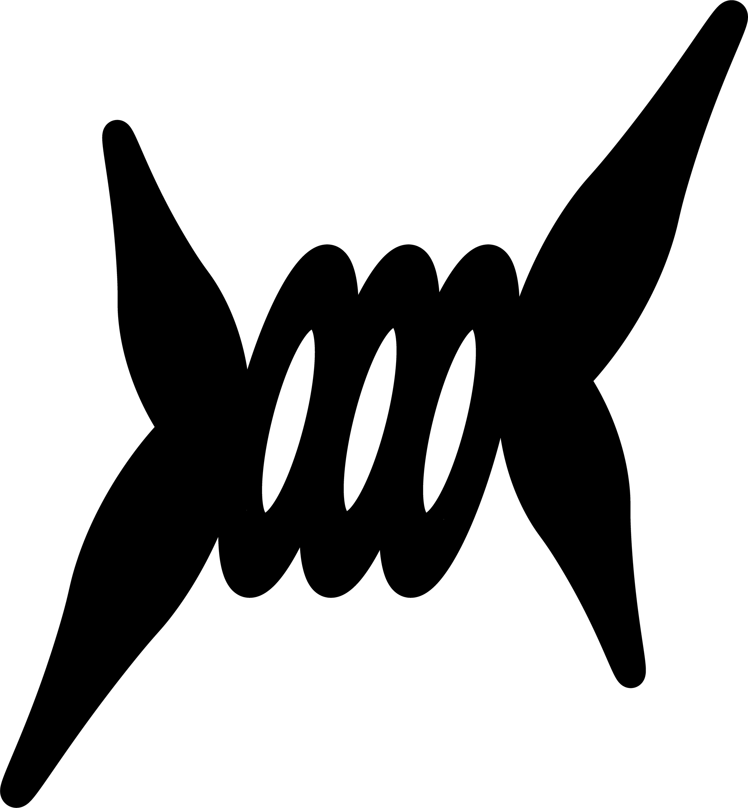 Black abstract design with sharp points and curved lines on a white background.