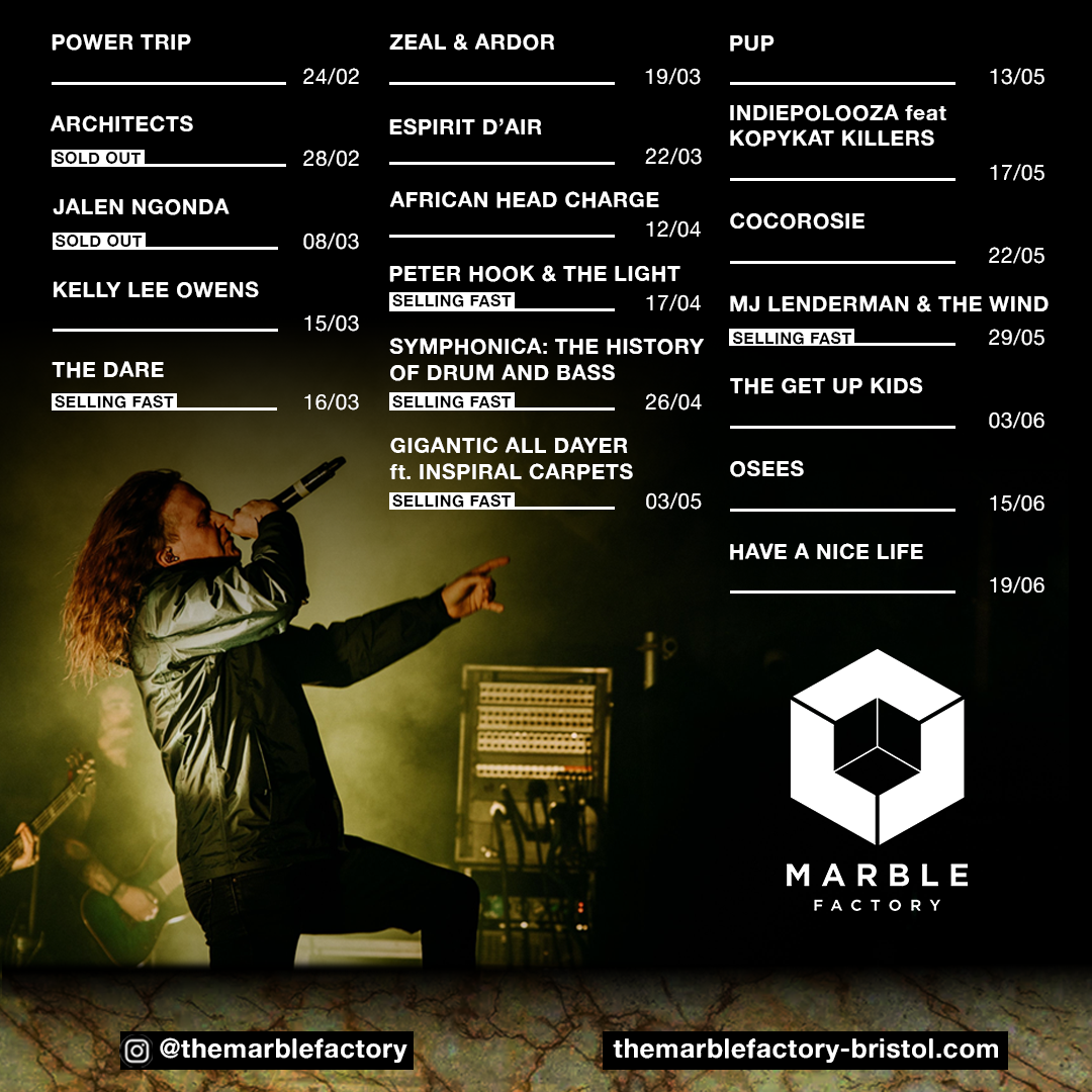 Music event schedule overlayed on a concert photo featuring a singer with curly hair wearing a shiny jacket, holding a microphone on stage. The schedule lists artists and dates, with some marked as sold out or selling fast, and includes the Marble Fa