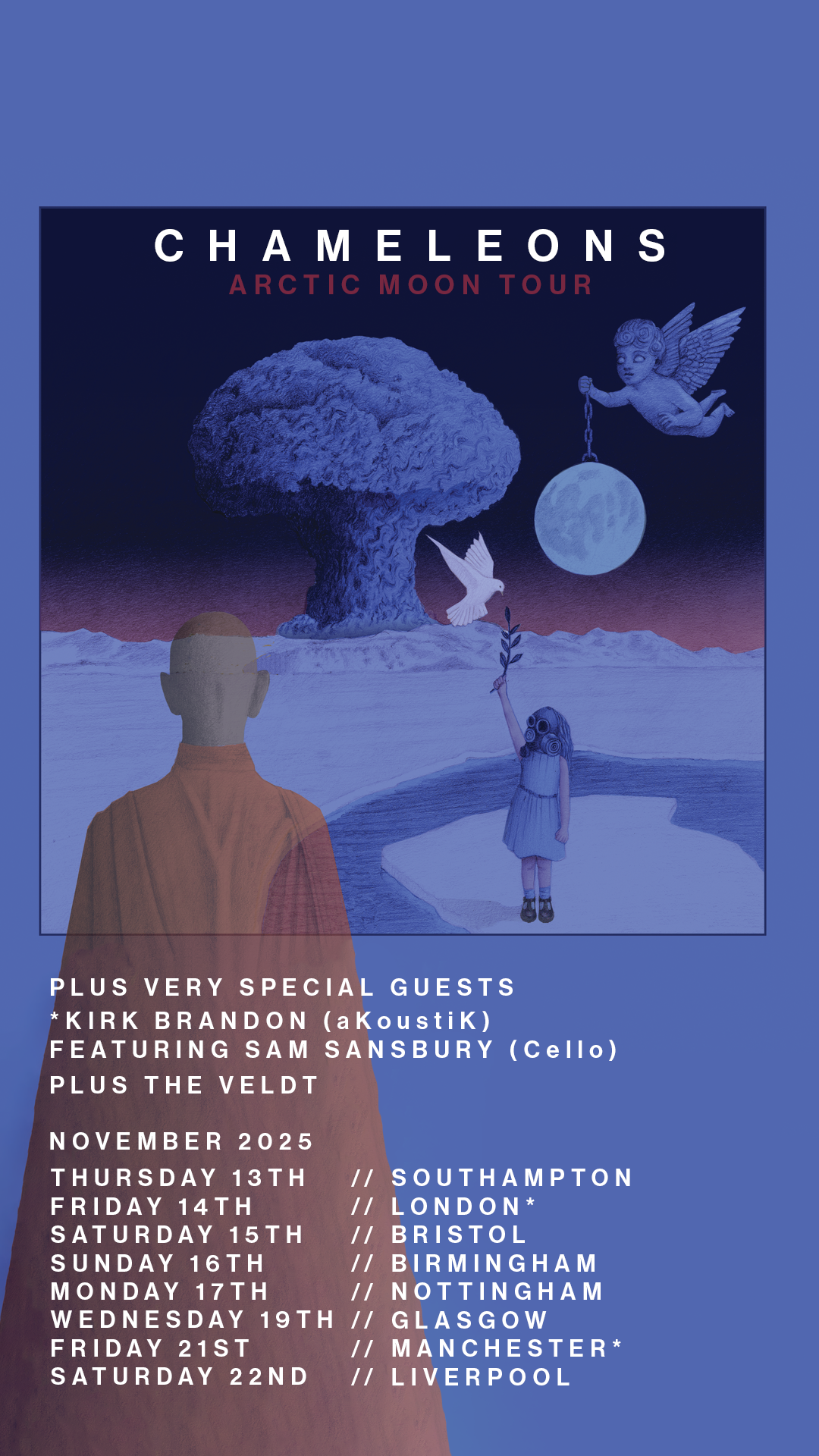 Concert poster for Chameleons' Arctic Moon Tour, featuring surreal blue-toned artwork with a large mushroom cloud, a flying angel holding a moon, a child with gas mask holding a plant, a white dove, and a person in an orange jacket in front.