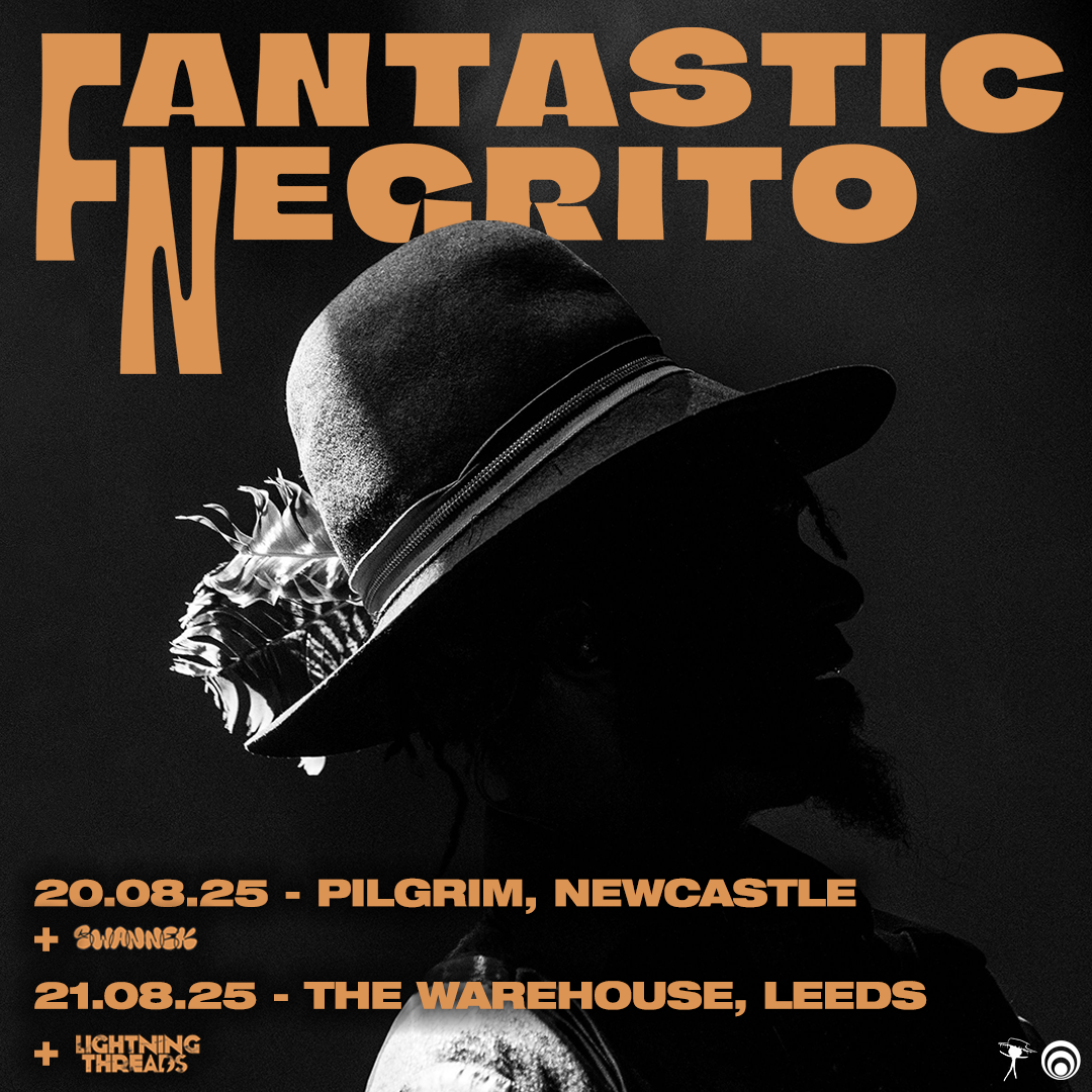 Silhouette of a man wearing a wide-brimmed hat with a feather, against a dark background. Text overlay includes details of music events with dates and locations in Newcastle and Leeds.