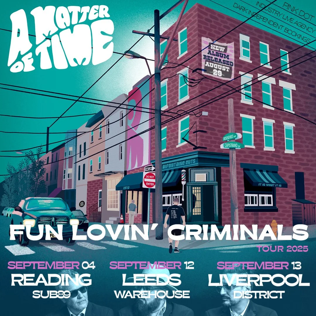 A promotional poster for the band A Lighter Shade of Dark's 2025 tour, featuring a stylized city street scene with brick buildings, pedestrians, and parked cars. The poster announces new album release on August 29 and includes tour dates on September