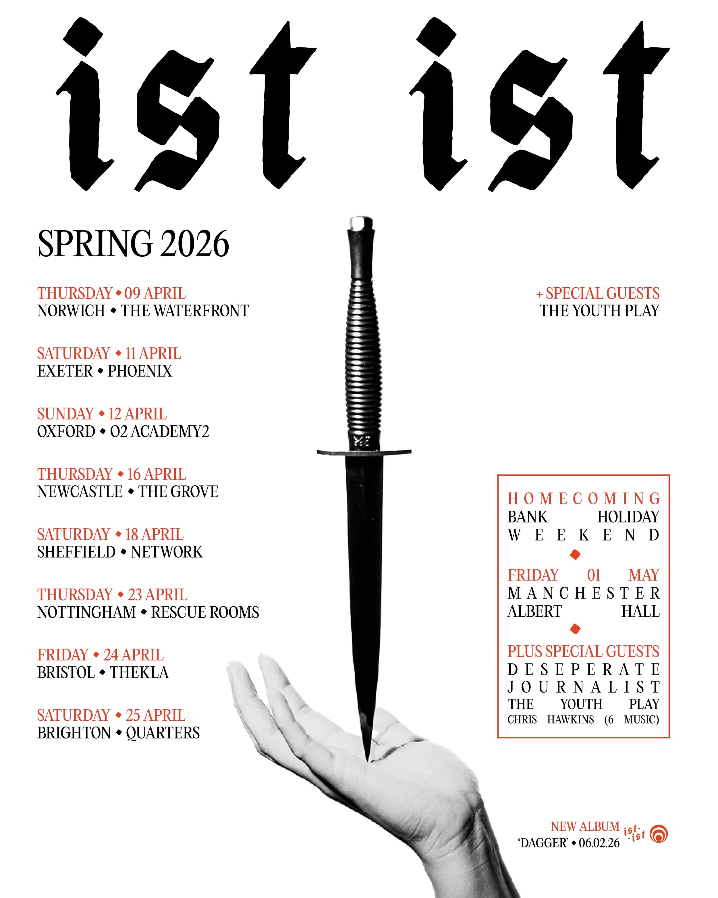 Poster for IST's Spring 2026 event tour displaying a hand holding a dagger with a black handle and blade, with event dates and locations, and related information.