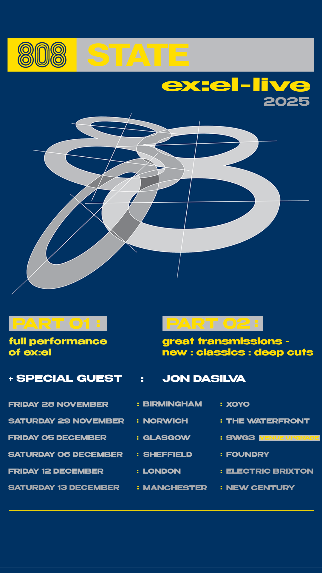 Poster for a music event titled "808 State Ex:el - Live 2025" with a modern graphic design featuring overlapping rings and technical lines. Lists parts of the event with dates, locations, and special guest Jon Dasilva, including Birmingham, Norwich, 