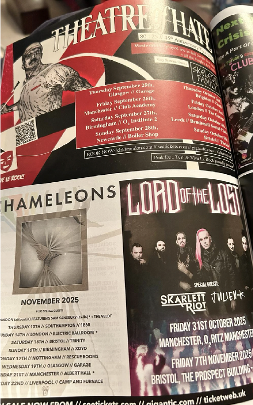 Open magazine page with event posters for concerts. The top poster promotes a theatre event with dates in Glasgow, Manchester, Birmingham, Nottingham, and Liverpool. The lower poster advertises a concert by Lord of the Lost on October 31, 2025, in Ma