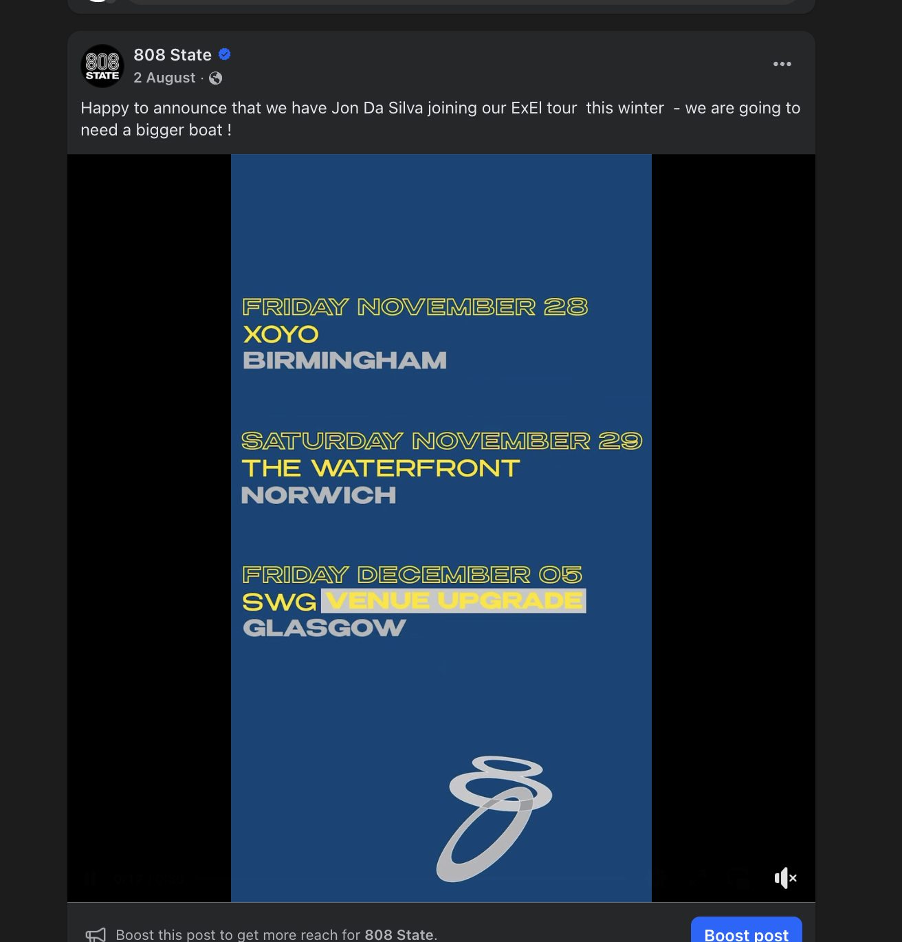 Tour schedule poster listing multiple concert dates in Birmingham, Norwich, and Glasgow with green, yellow, gray, and blue text on a blue background.