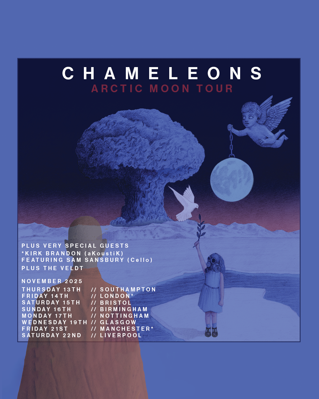 Cartoon poster for Chameleons' Arctic Moon Tour 2025, featuring a surreal scene with a girl in a dress holding a plant with a bird, a large exploding mushroom cloud, and floating cherub-like figure swinging a moon. Tour dates from November 13 to 22 a