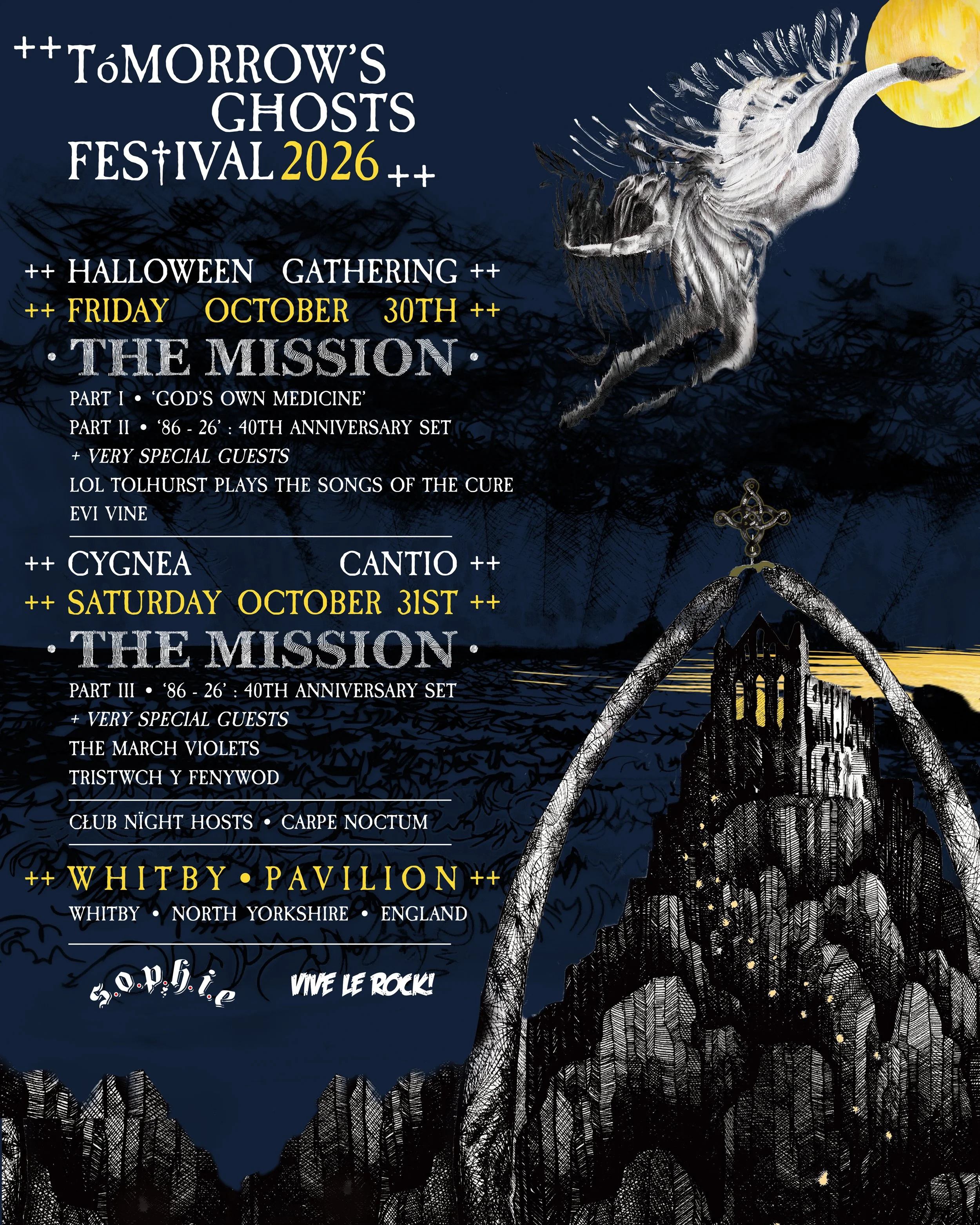 A promotional poster for the 2026 Tomorrow's Ghosts Festival features a dark, spooky background with a large, white skeletal bird flying near a yellow moon. Details about the event, including dates, locations, and bands, are written in white and yell