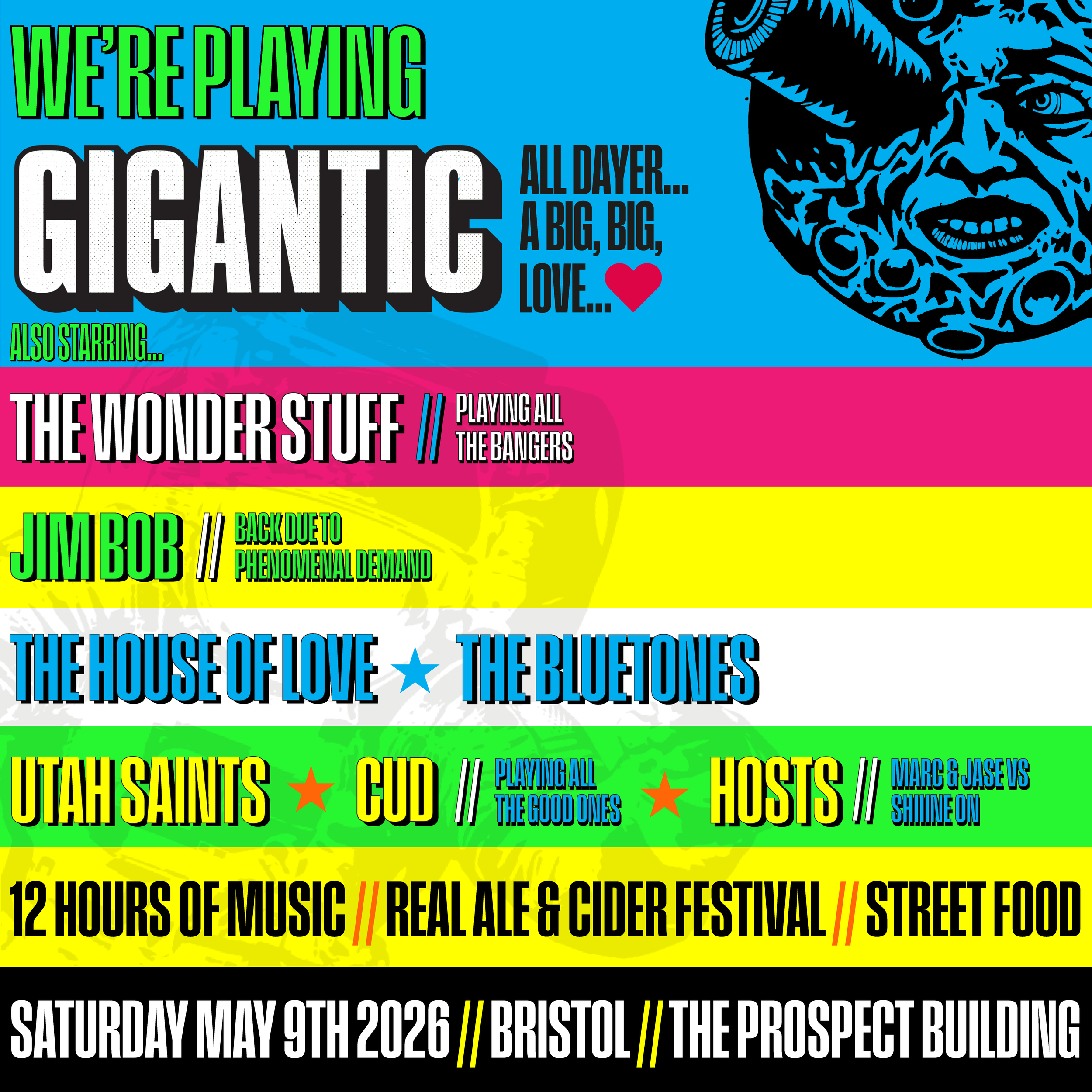 Colorful event poster announcing a music festival on Saturday, May 9th, 2026, at The Prospect Building in Bristol, featuring performances by Gigantic, The Wonder Stuff, Jim Bob, The House of Love, The Bluetones, Utah Saints, God, and Hosts, with deta