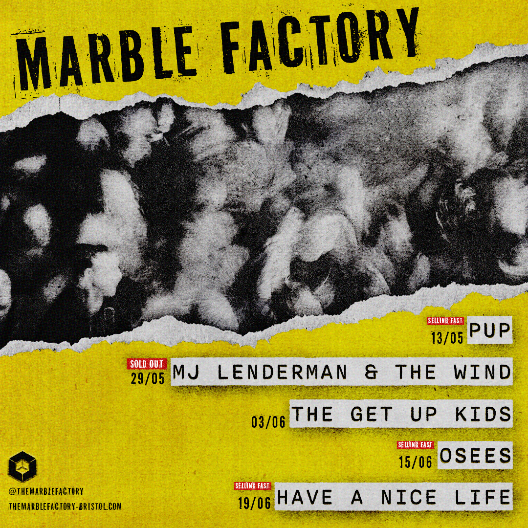 Yellow poster advertising concerts at Marble Factory with a black and white photo of puppies, featuring band names and event dates.