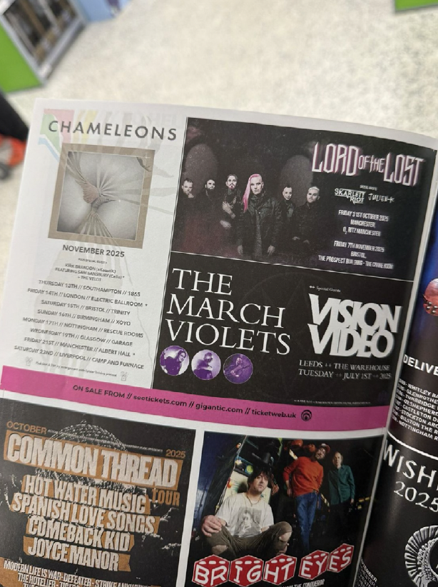 A music concert flyer featuring bands such as Lord of the Lost, The March Violets, and Bright Eyes, along with tour dates, locations, and event details.