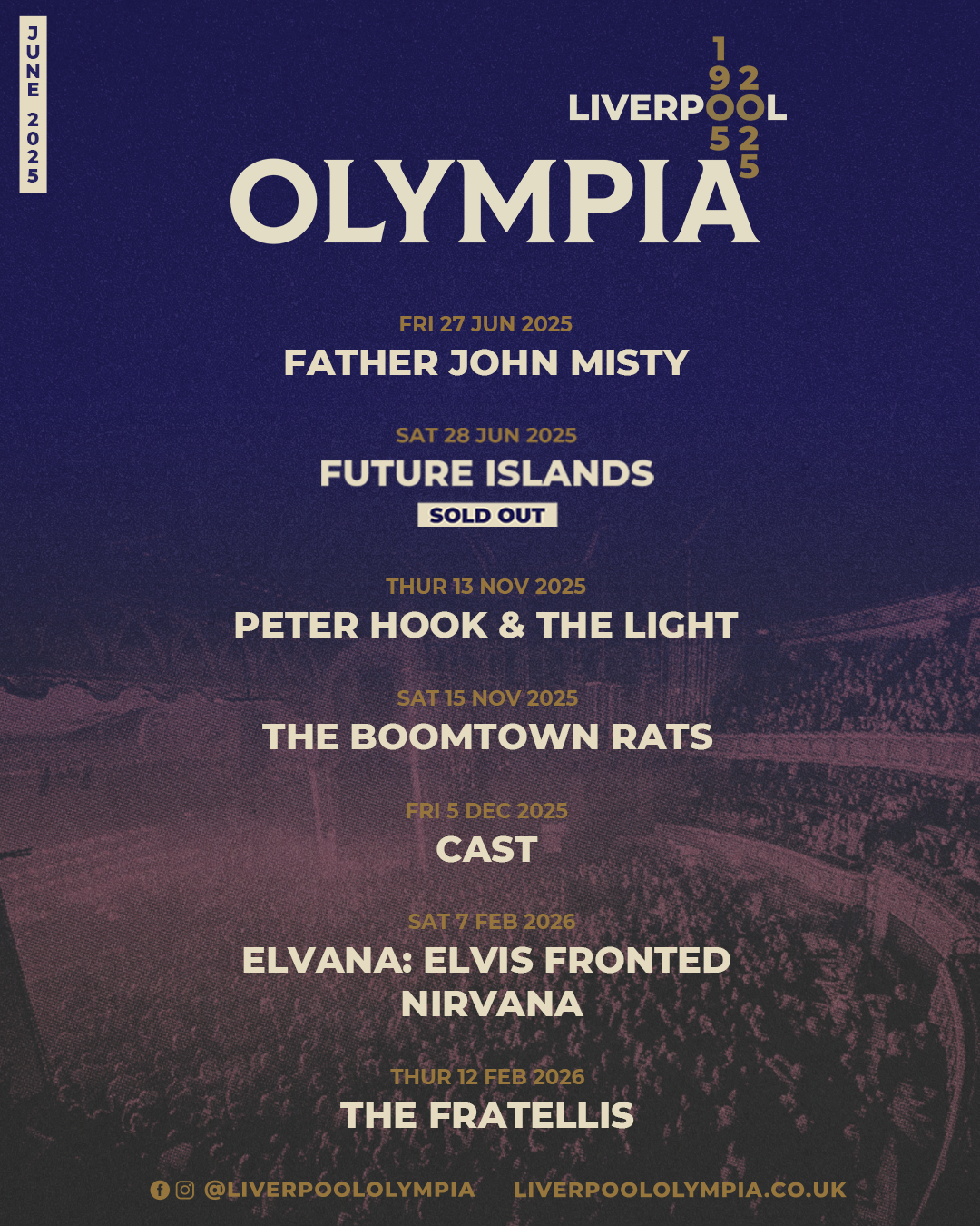 Event poster for Olympia Liverpool music festivals from June 2025 to February 2026, listing various bands and dates, with a dark background and gold and white text.