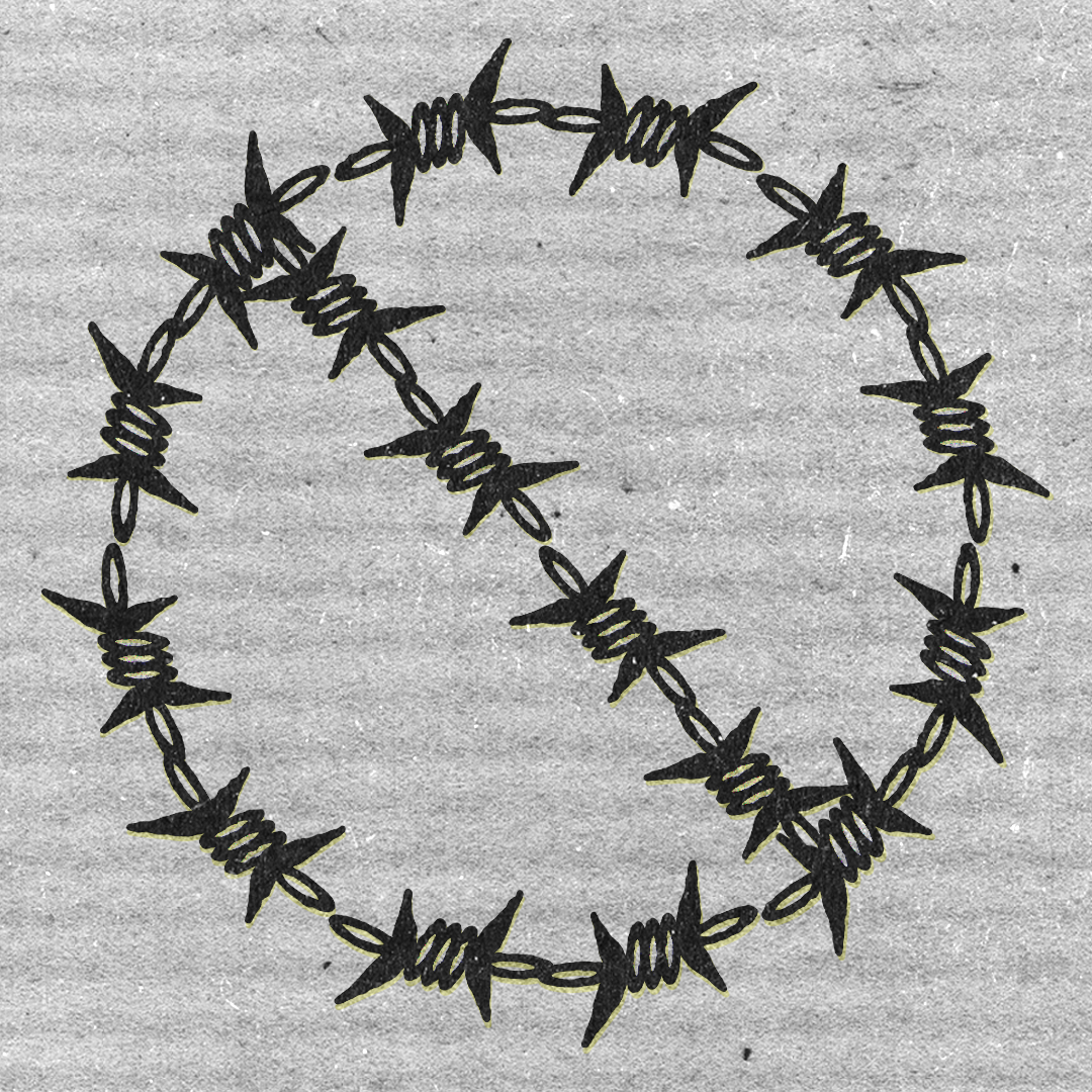 A black silhouette of barbed wire arranged in a circular shape against a gray textured background.